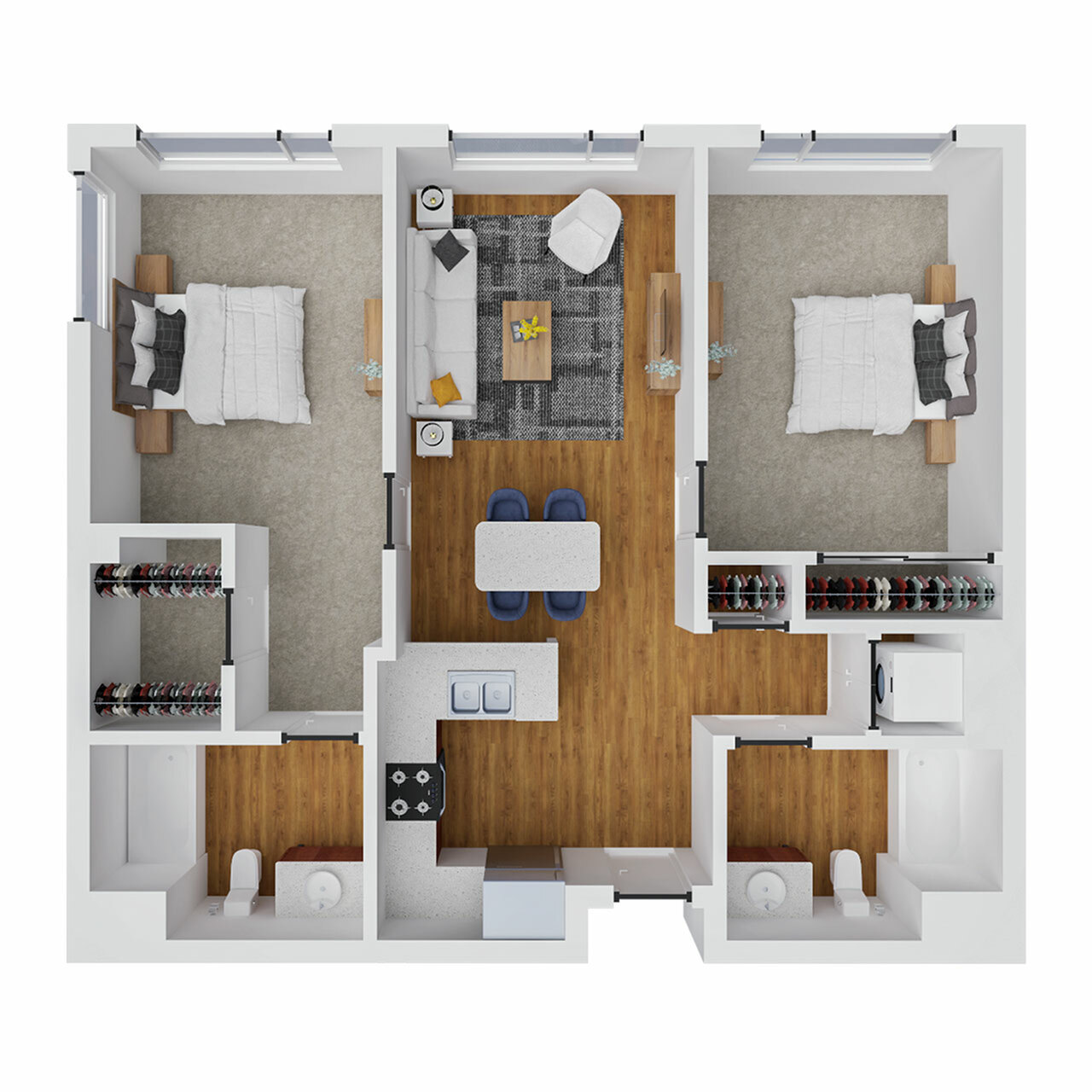 Elegant 3D floor plan showcasing 2 spacious bedrooms, a cozy living room, and modern kitchen, ideal for comfortable living.