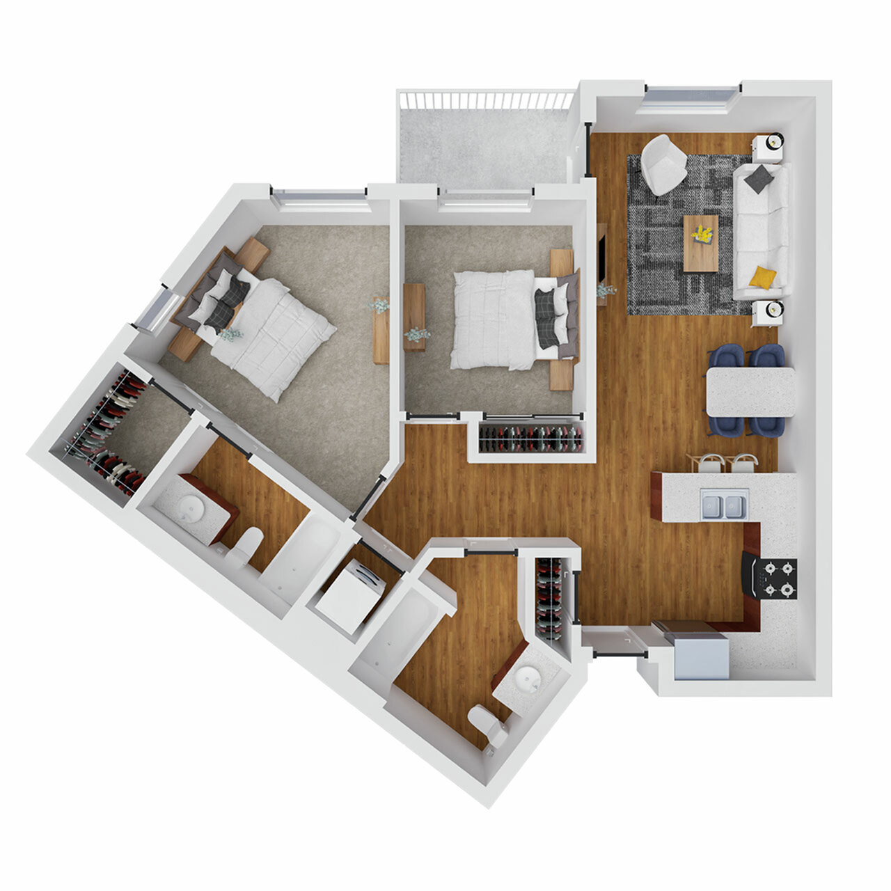 Modern floor plan with 2 bedrooms, cozy living area, sleek kitchen, and two stylish bathrooms, featuring wood flooring and natural light.