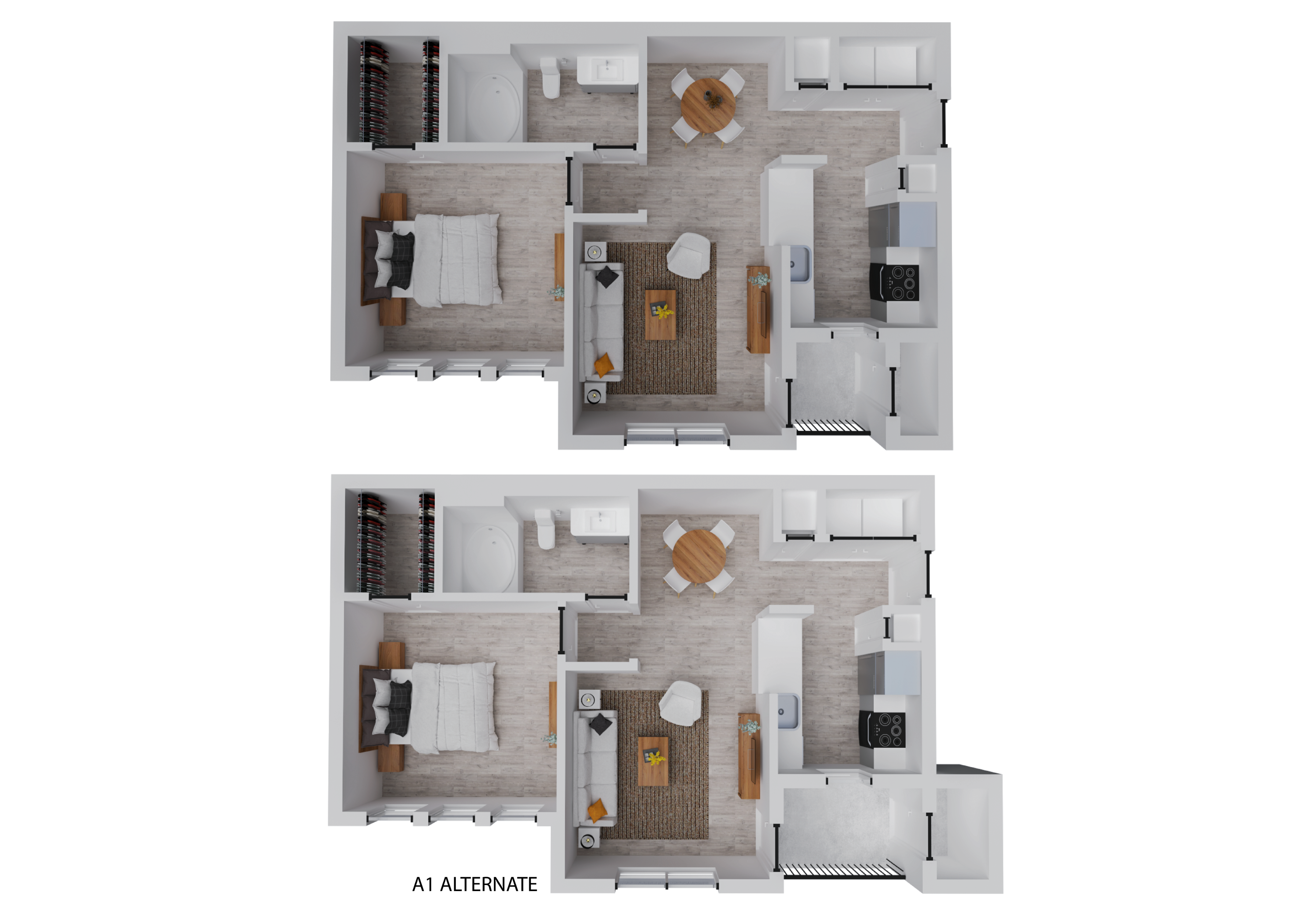 Modern 2D floor plan featuring two identical apartments, each with one bedroom, an open living and dining area, and a sleek kitchen.