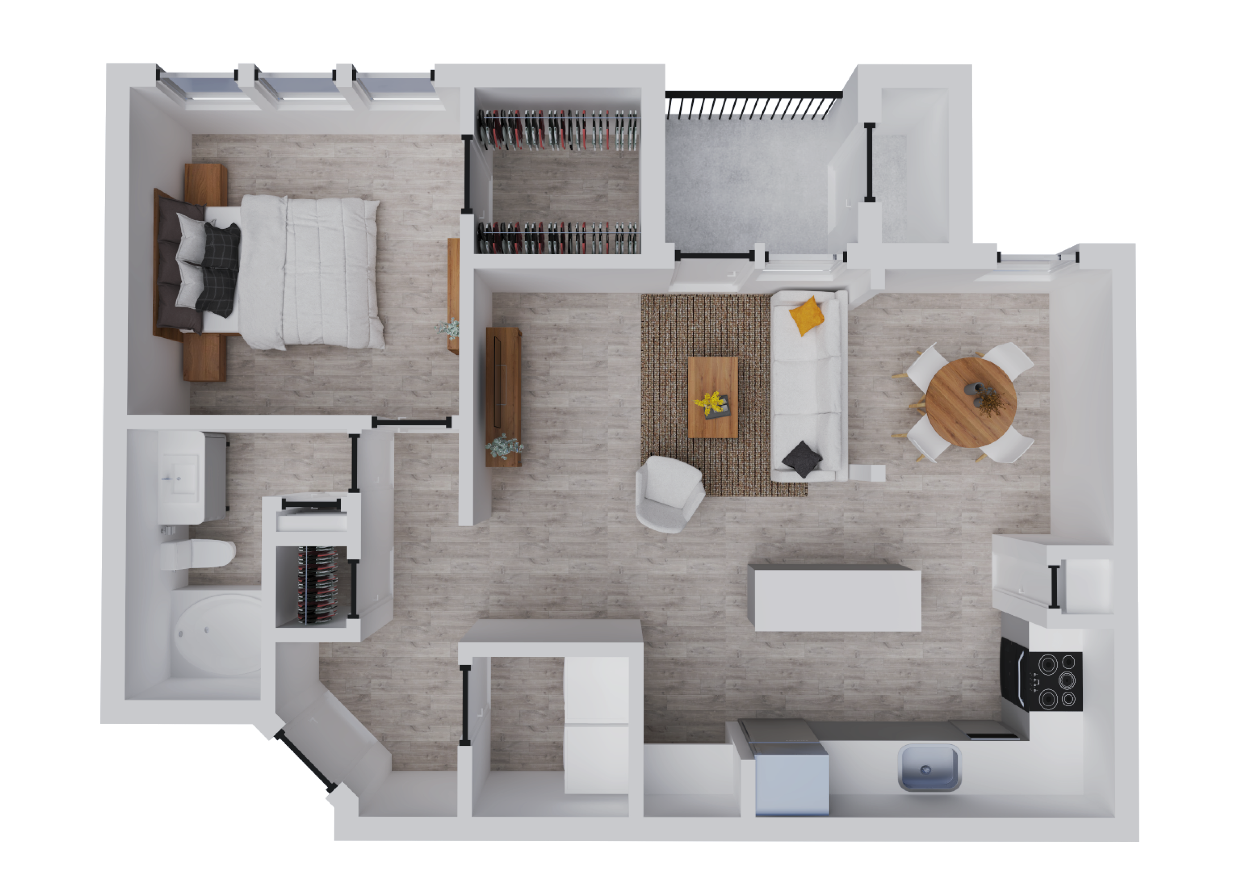 Inviting open-concept floor plan featuring a cozy bedroom, modern bathroom, spacious living area with stylish furniture, and a sleek kitchen with dining space.