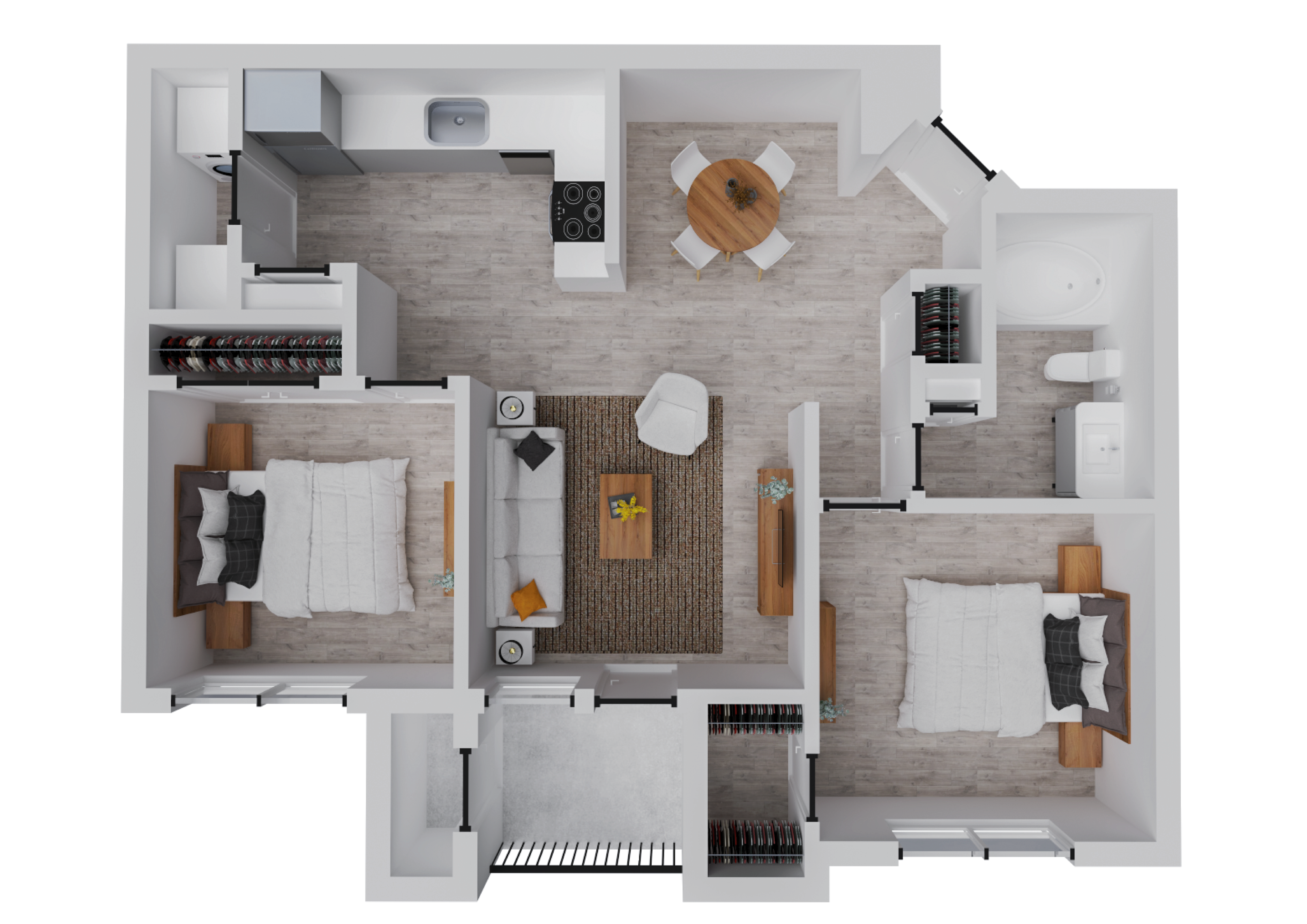 Modern 3D floor plan showcasing 2 cozy bedrooms, a stylish open kitchen, inviting living area, and elegant bathroom.