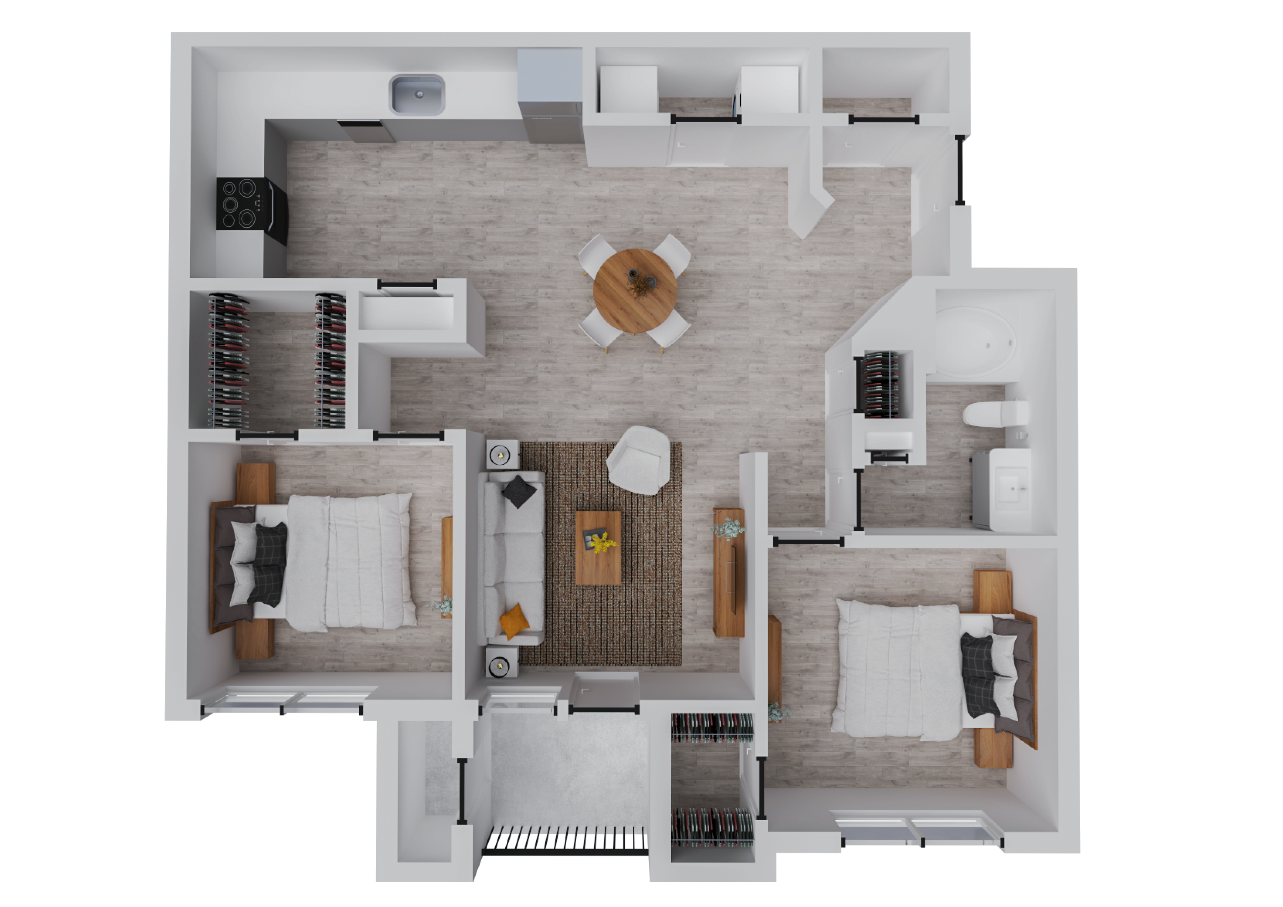 Modern floor plan featuring 2 spacious bedrooms, an open living and dining area, sleek kitchen, and a stylish bathroom.