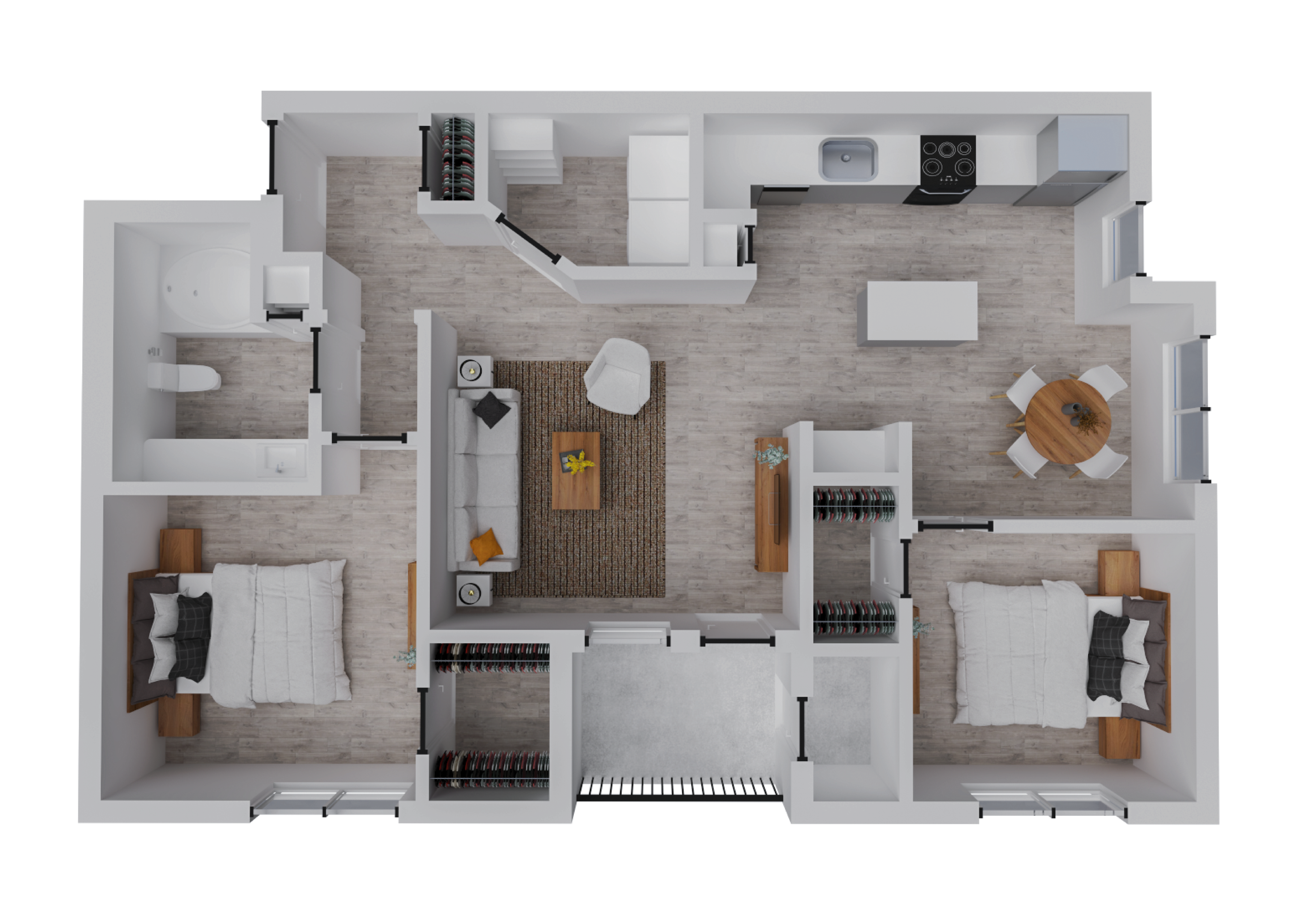 Modern 2D floor plan showcasing 2 cozy bedrooms, a spacious living room, sleek kitchen, and elegant bathroom.