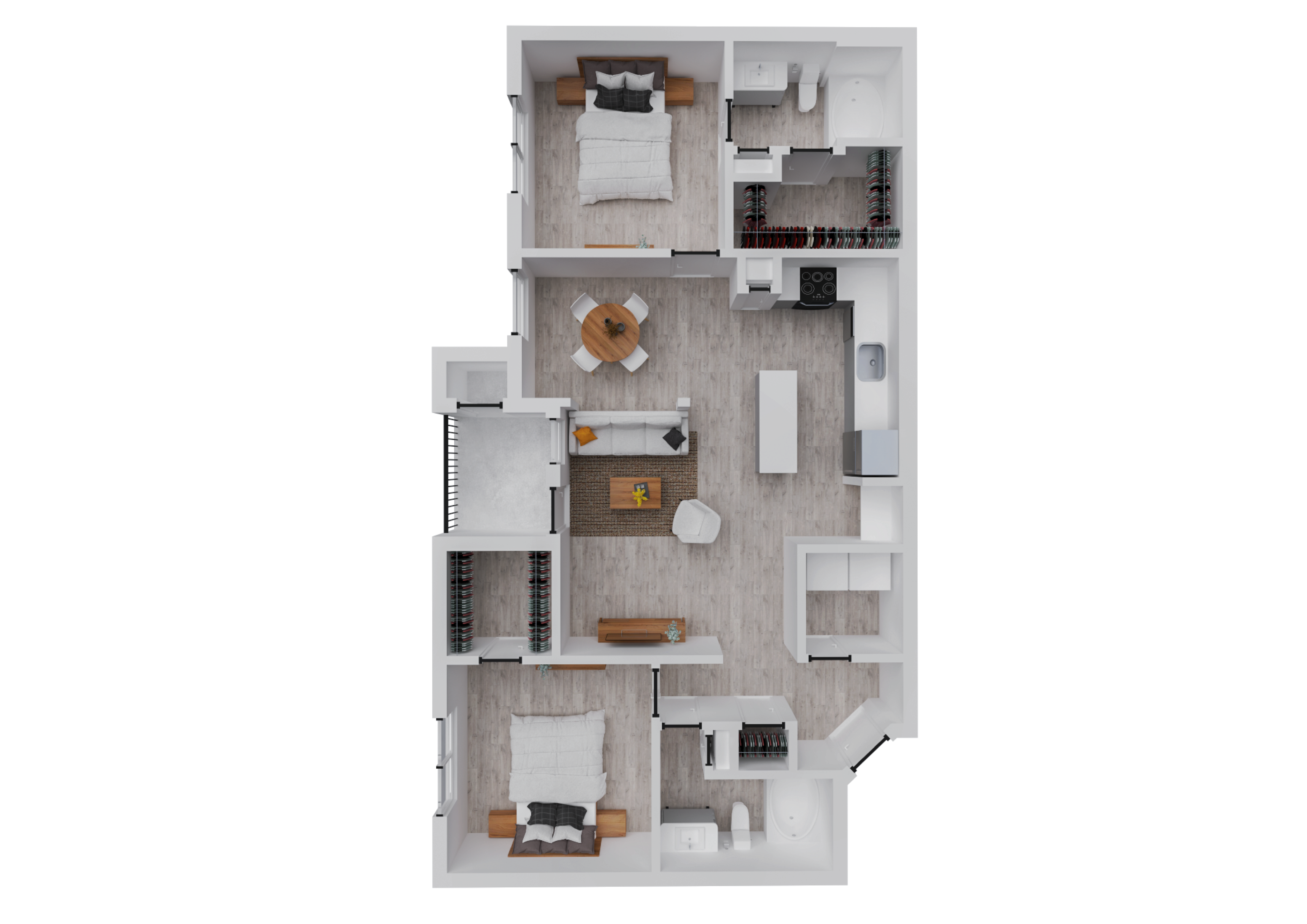 Contemporary 2D floor plan showcasing a stylish 2-bedroom layout with an open-concept living space, modern kitchen, and two elegant bathrooms.