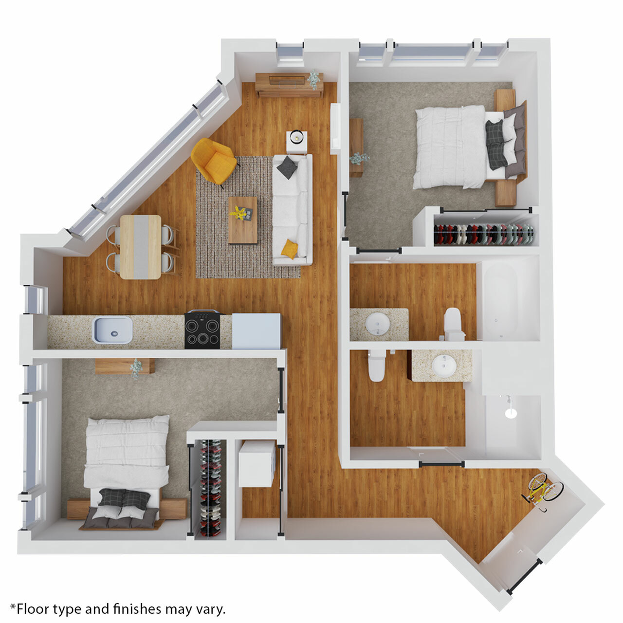 Modern 3D floor plan featuring 2 spacious bedrooms, open-concept living and dining area, sleek kitchen, and elegant bathrooms. Ideal urban living space with wooden flooring and abundant natural light.