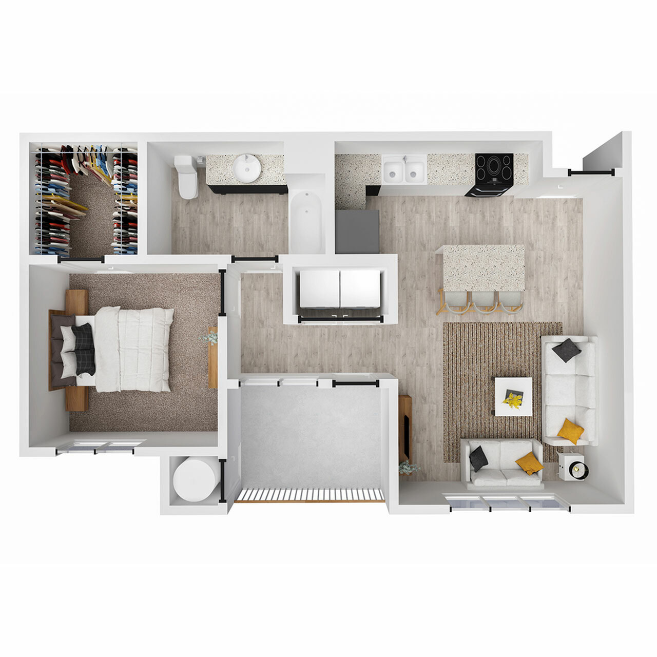 Contemporary 1-bedroom floor plan with open living-dining area, stylish kitchen, and a spacious walk-in closet.