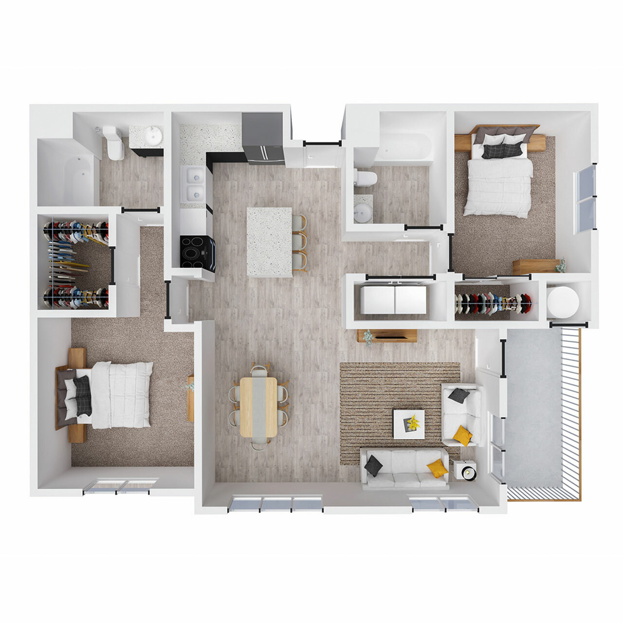 Modern 3D floor plan showcasing 2 spacious bedrooms, open-concept kitchen and dining, elegant living room, and a private balcony.