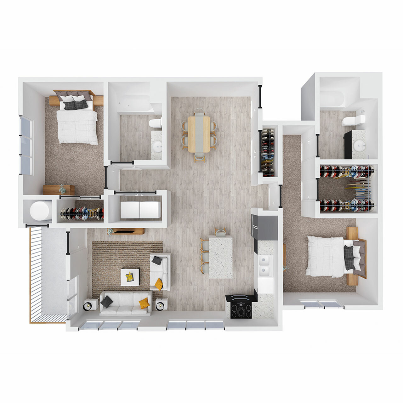 Modern 2D floor plan showcasing 3 bedrooms, a chic open-concept kitchen with island seating, and a cozy living area, perfect for contemporary living.
