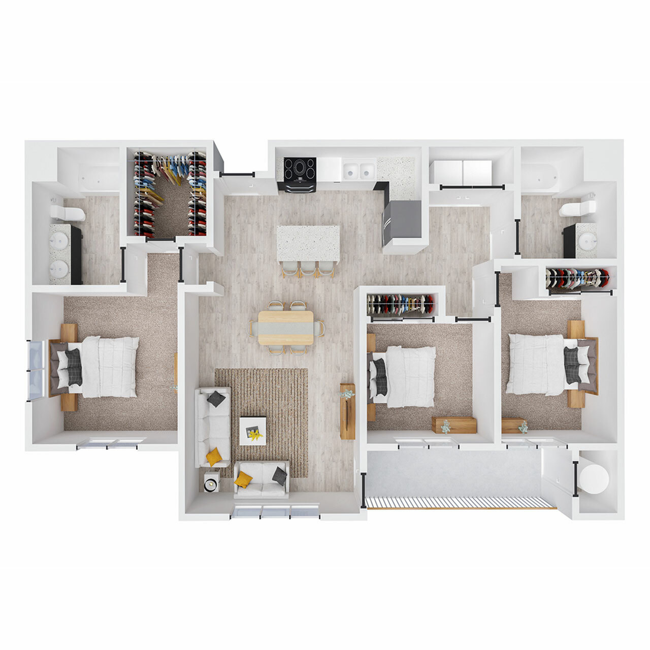 Contemporary open-concept floor plan featuring 3 bedrooms, 2 bathrooms, a spacious kitchen with island, and a cozy living area.