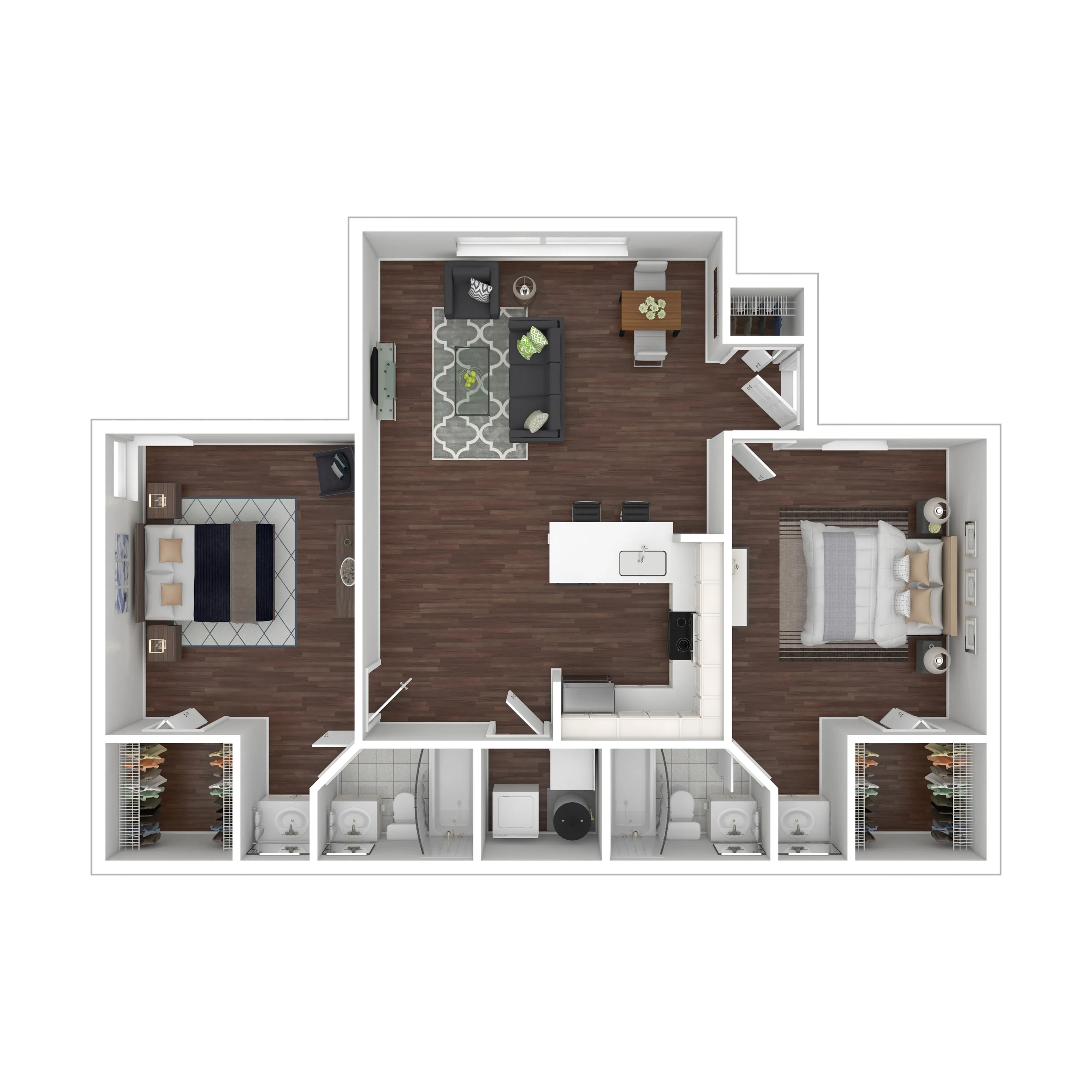 Modern 3D floor plan showcasing 2 bedrooms, elegant living area, sleek kitchen, and dual bathrooms with stylish hardwood flooring.