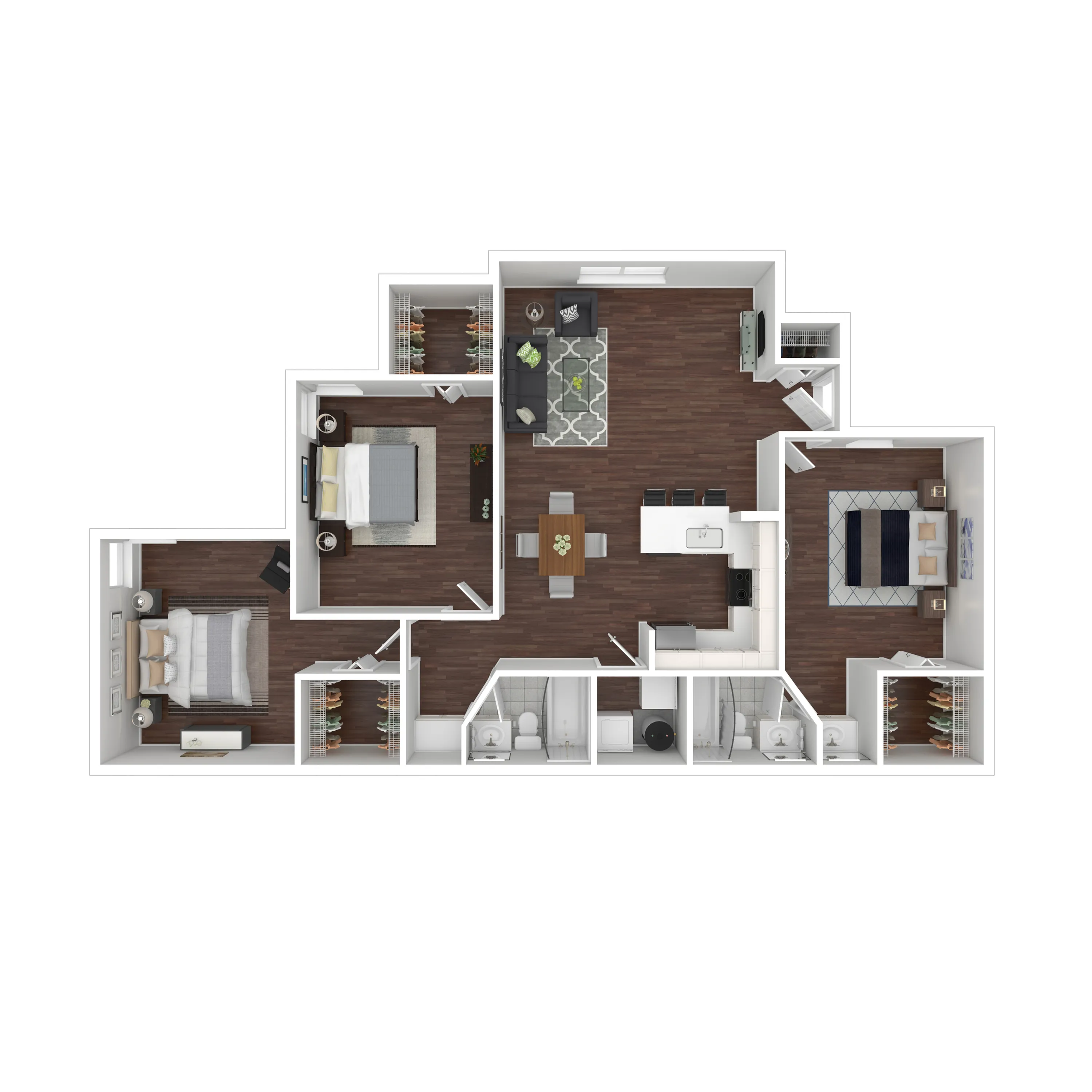 Contemporary 3-bedroom floor plan with open-concept layout, elegant living area, and stylish kitchen.