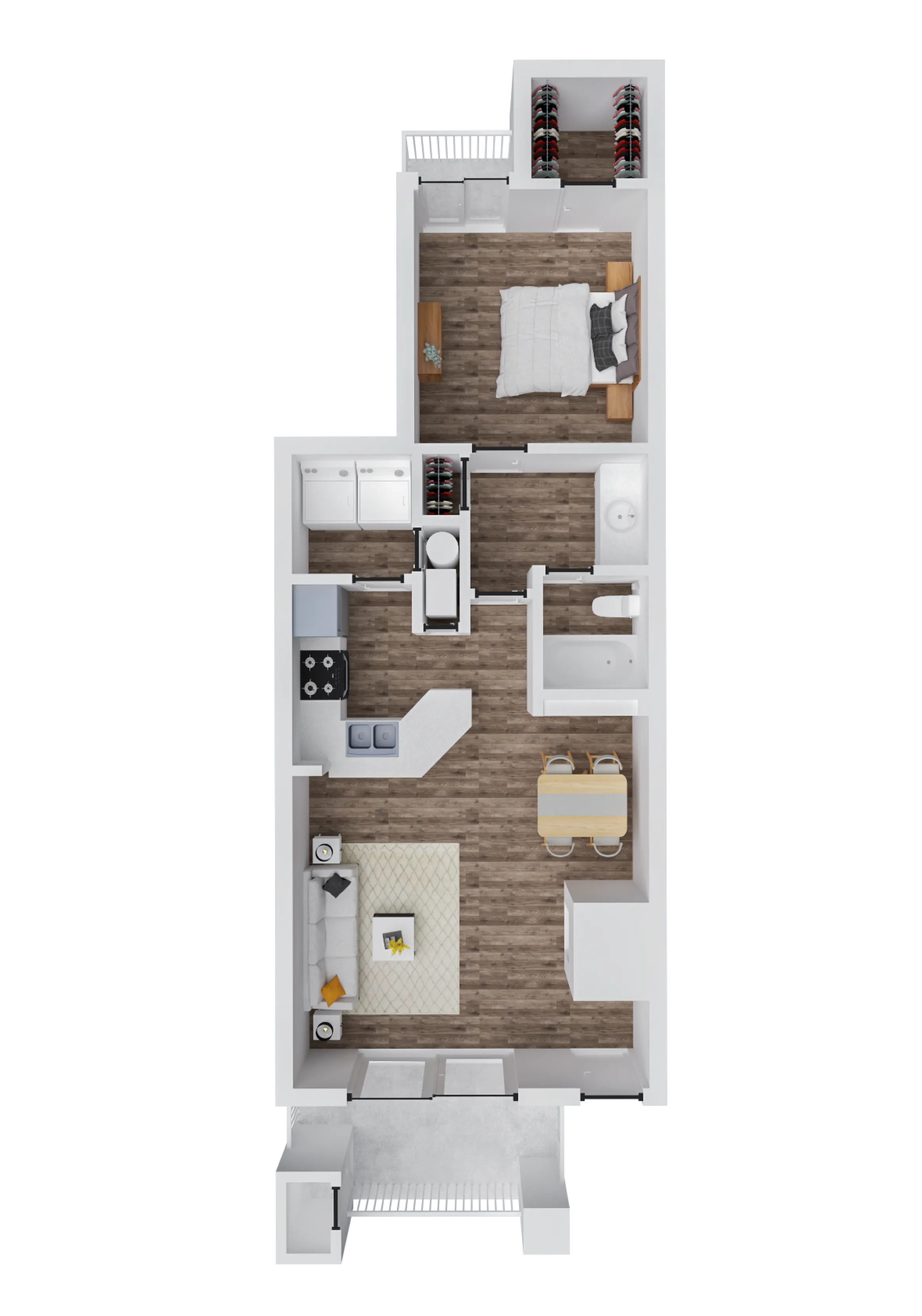 Modern floor plan showcasing a single bedroom, open-concept living and dining area, stylish kitchen, and contemporary bathroom.