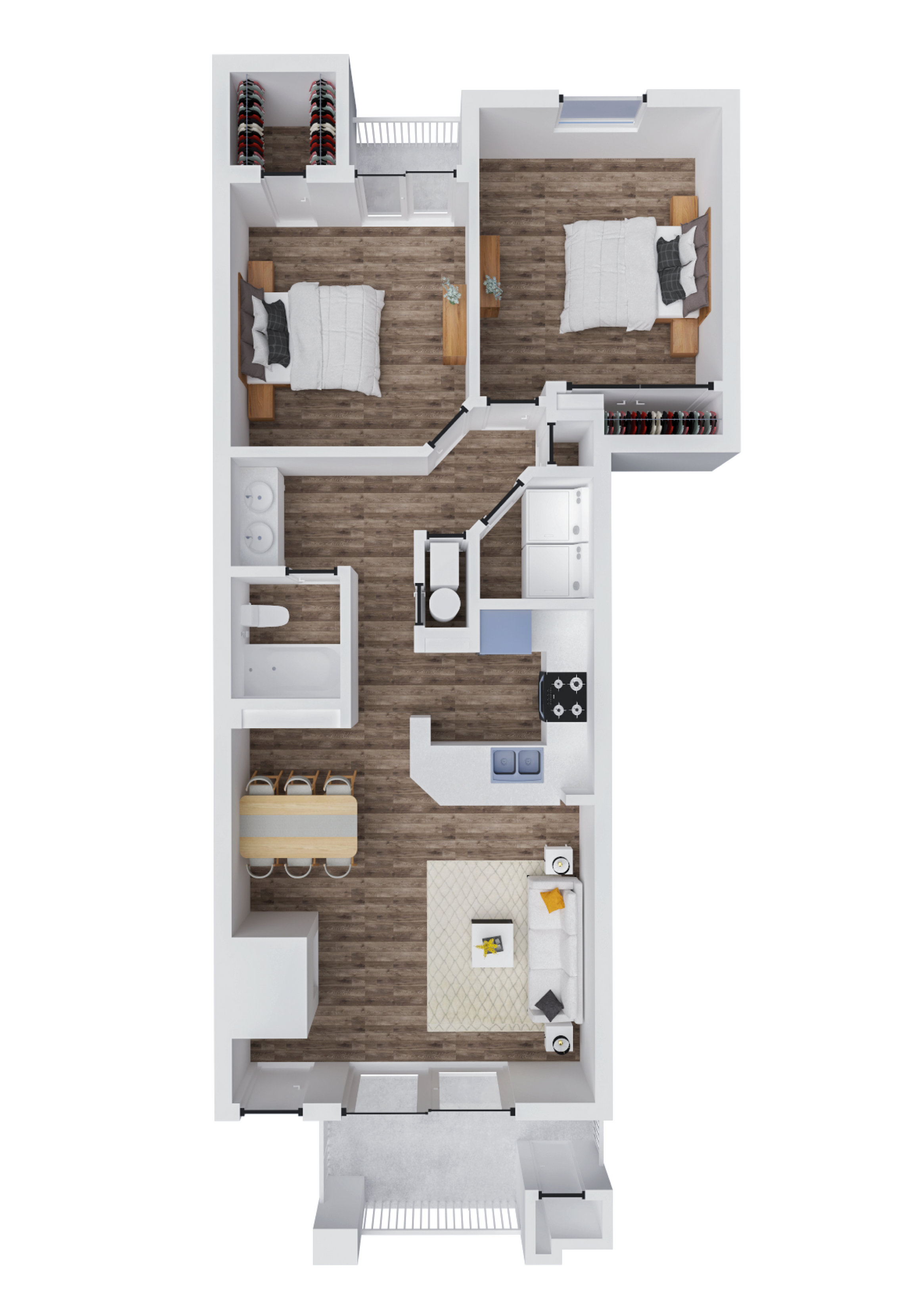 Modern 2D floor plan showcasing 2 cozy bedrooms, elegant bathroom, open kitchen, and inviting living area with a sleek dining space.