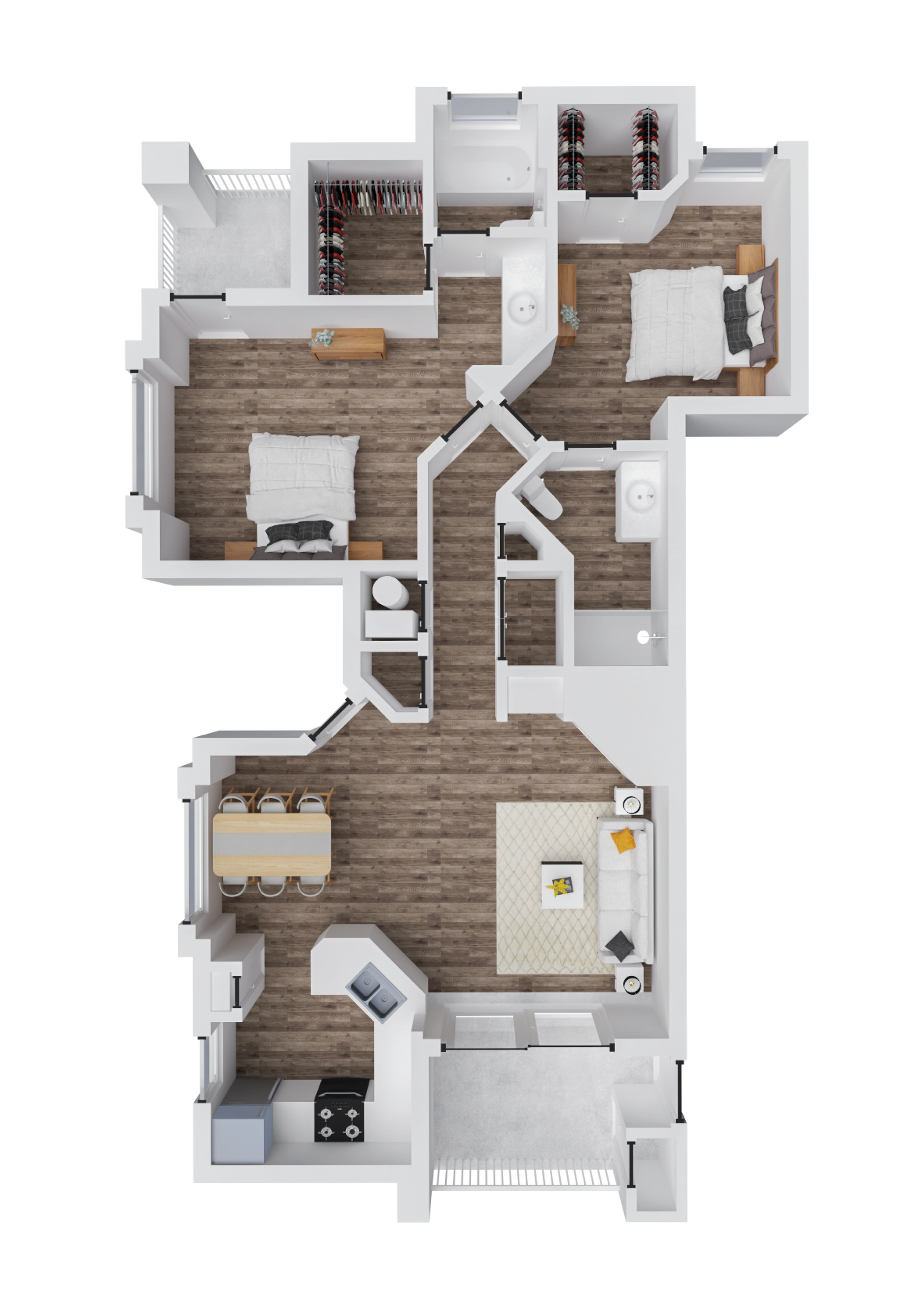 Elegant 3D floor plan showcasing 2 spacious bedrooms, modern kitchen, and open living-dining area with stylish wood flooring.