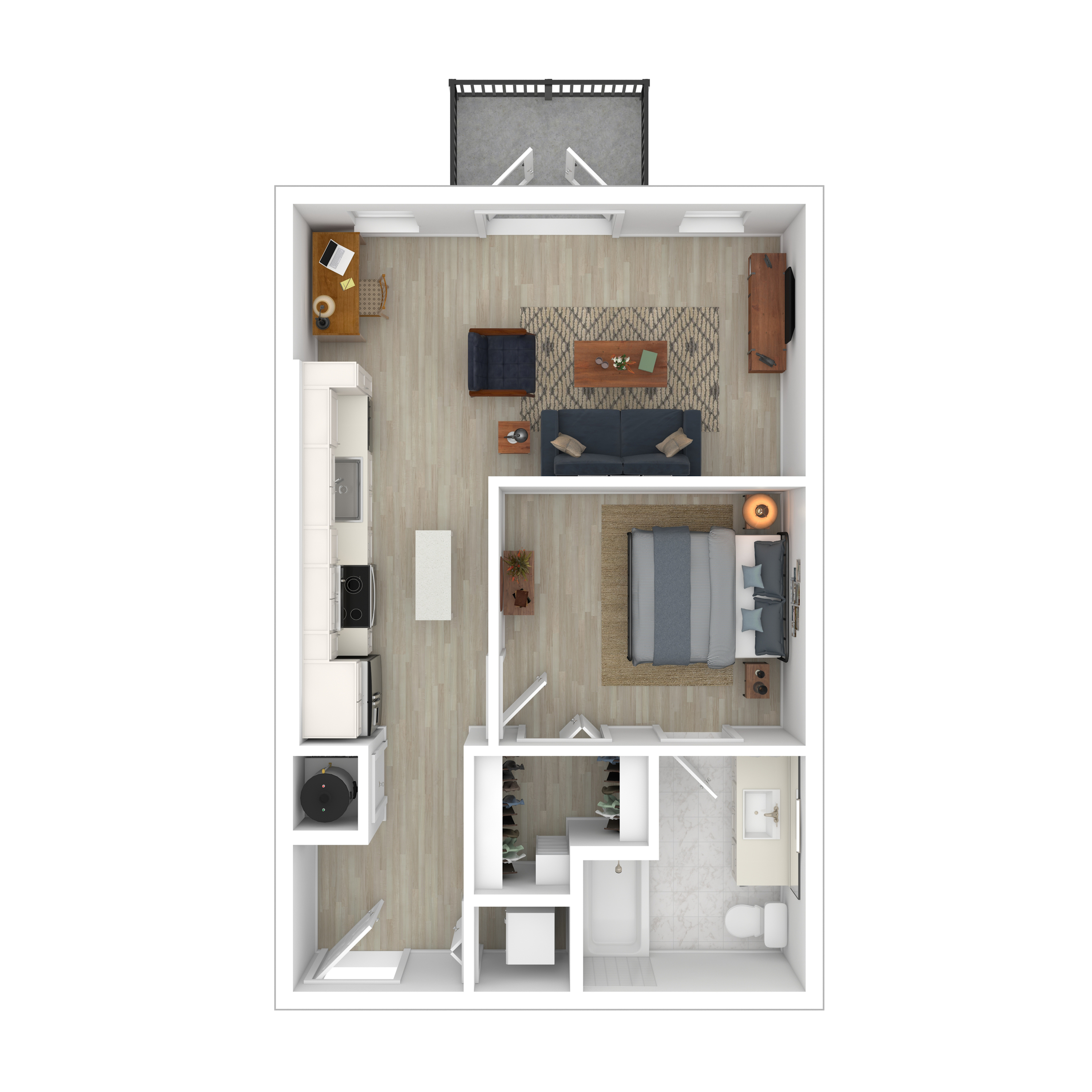 Modern apartment floor plan showcasing a spacious 1-bedroom with an open-concept living area, stylish kitchen, cozy living room, and a balcony.