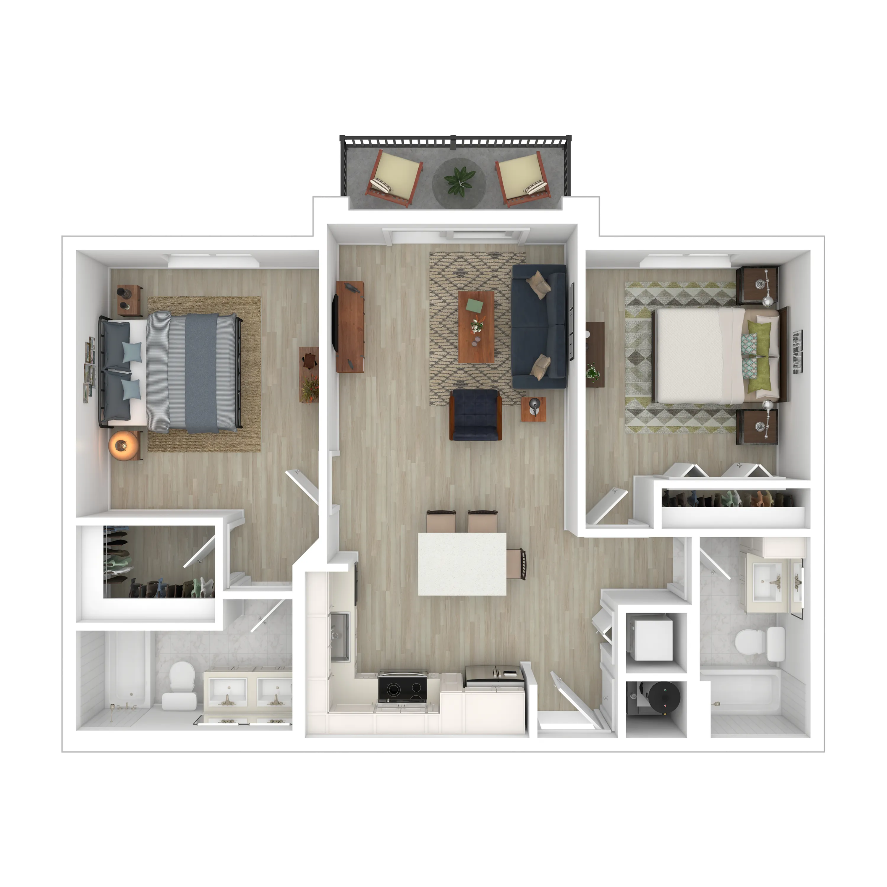 Modern 2D floor plan featuring two spacious bedrooms, an open living and dining area, sleek kitchen, and private balcony with seating.
