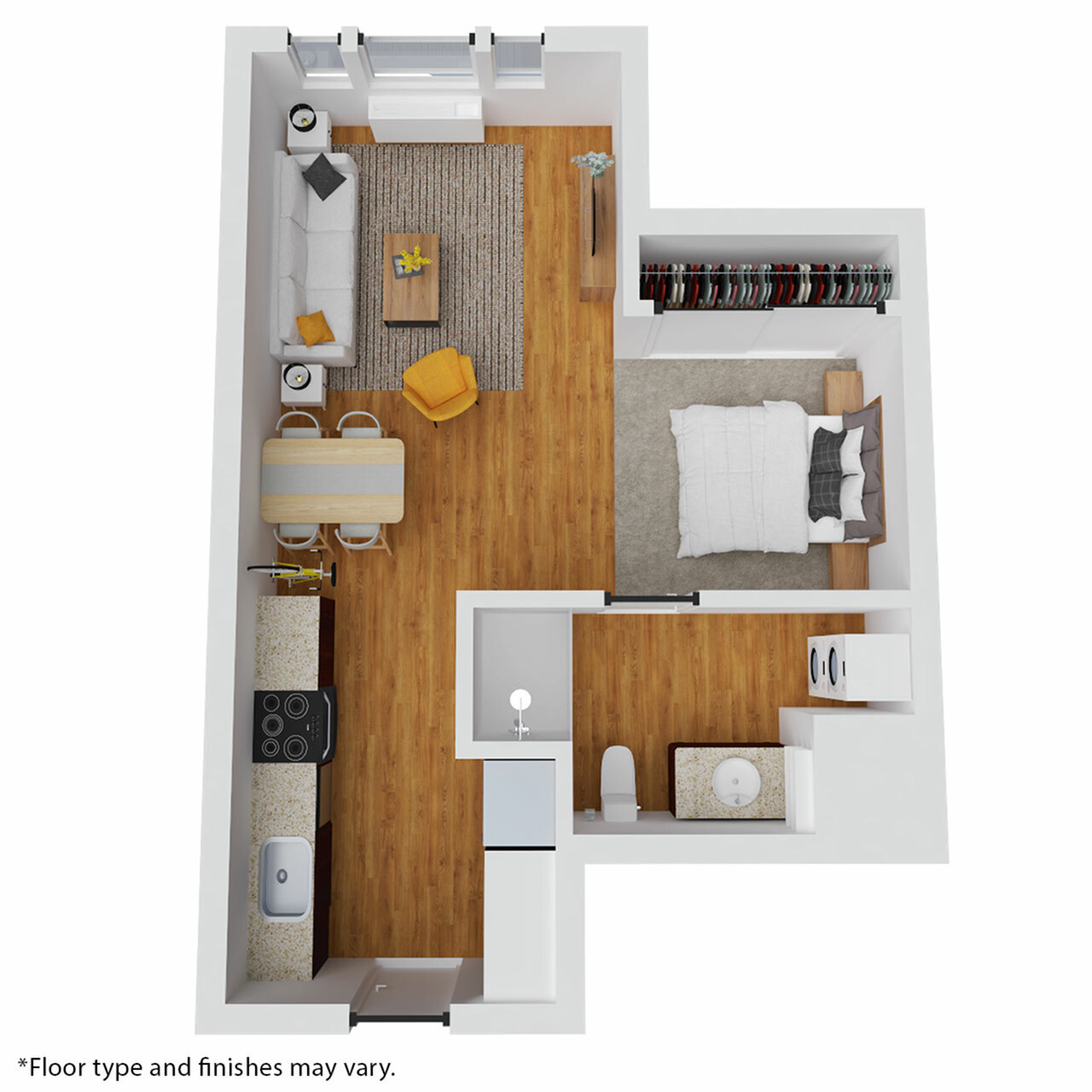Charming floor plan featuring a cozy bedroom, welcoming living area with elegant furniture, a modern kitchen, and a stylish bathroom.