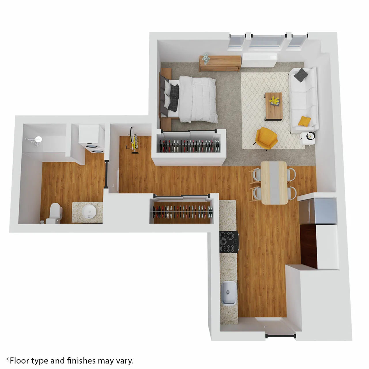 Modern L-shaped apartment floor plan with elegant hardwood flooring, featuring a spacious bedroom, cozy living area, stylish kitchen, and a luxurious bathroom.