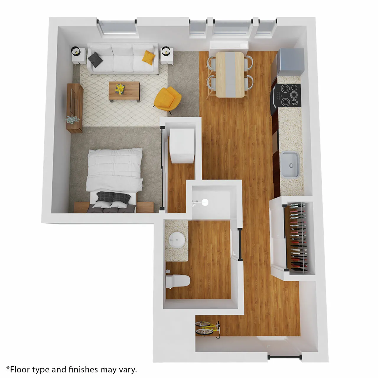 Modern 1-bedroom apartment floor plan with open-concept living room, dining area, and sleek kitchen, complemented by a cozy bathroom and entryway storage.