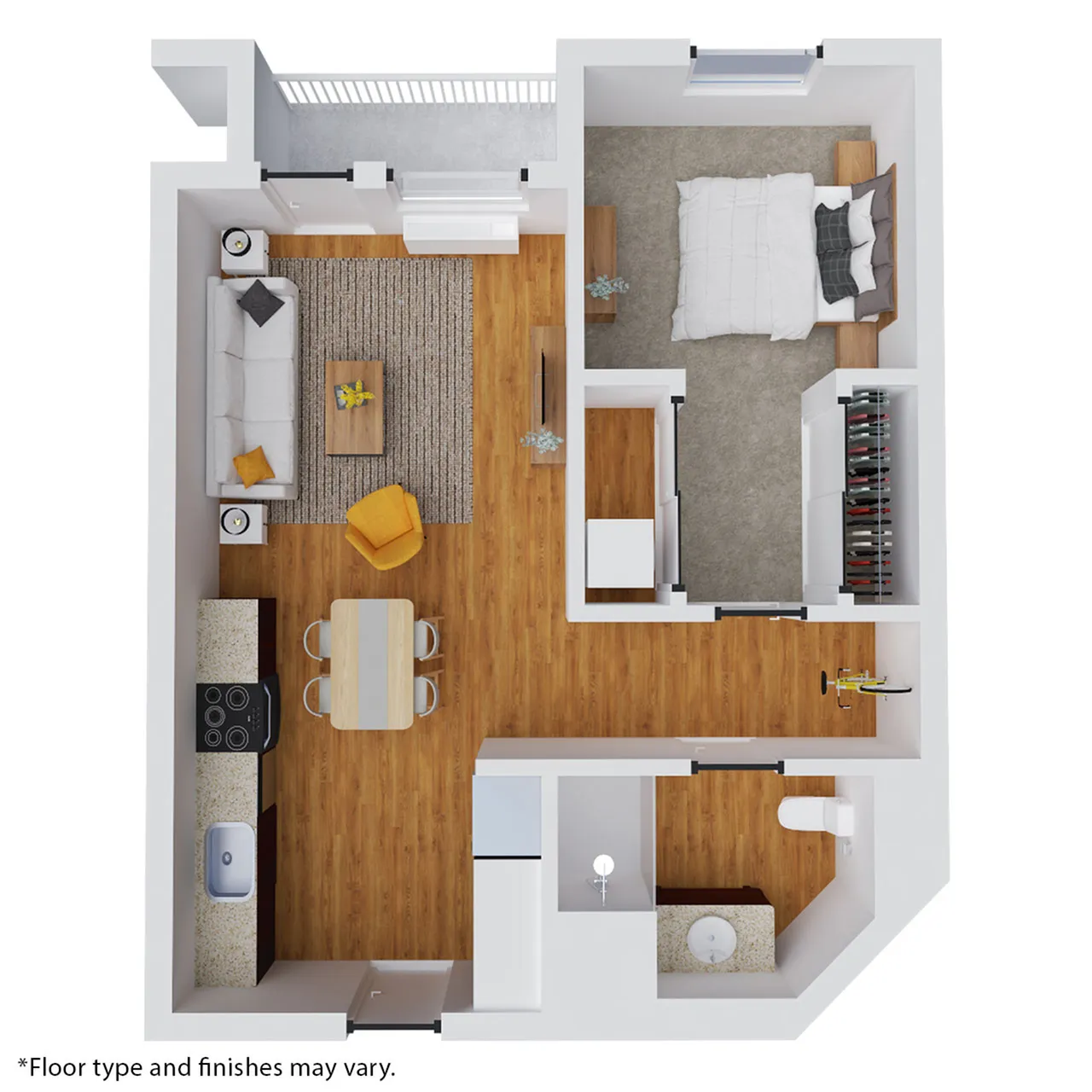 Modern 2D floor plan featuring a spacious bedroom, cozy living room, sleek kitchen, and private balcony.