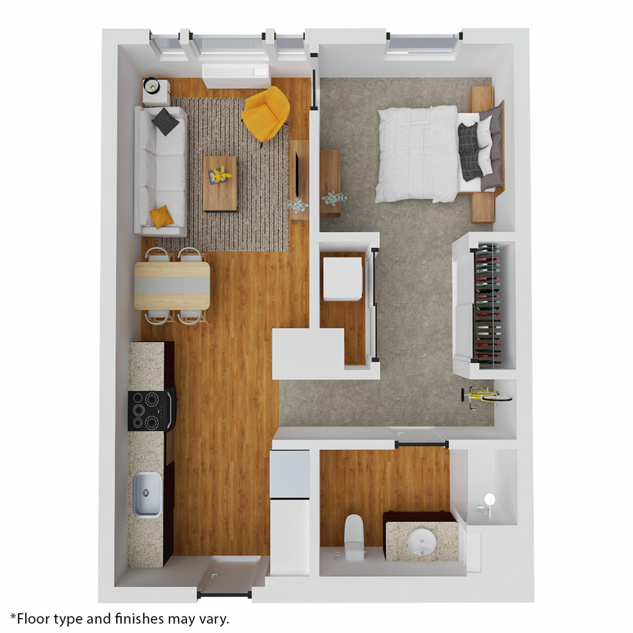 Modern open-concept floor plan featuring a cozy bedroom, inviting living area, and practical kitchen space with sleek wooden flooring.