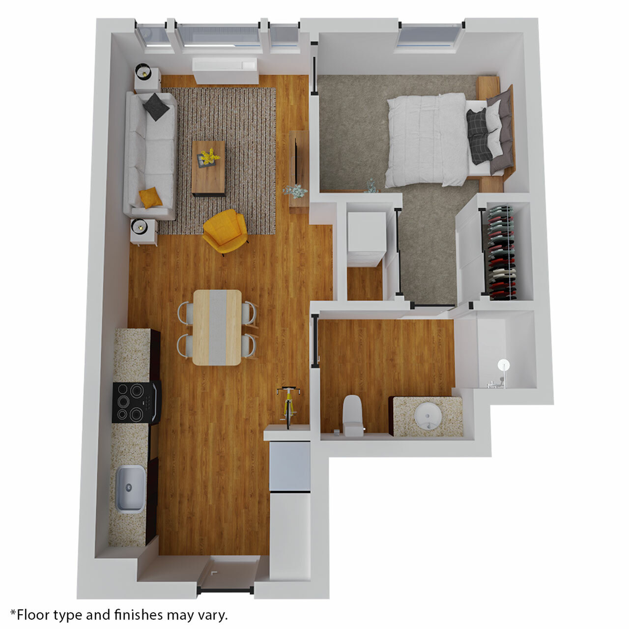 Bright and modern 1-bedroom apartment floor plan featuring an open-concept living area, stylish kitchen, and cozy bedroom with ample closet space.
