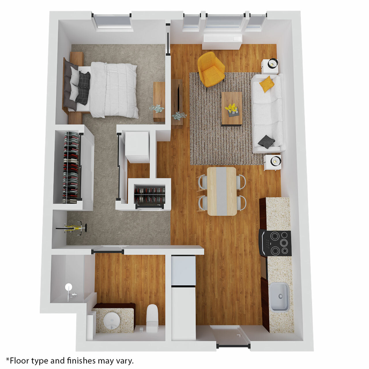 Modern 3D floor plan featuring one bedroom, a cozy living room with stylish seating, a dining area, and a fully equipped kitchen.