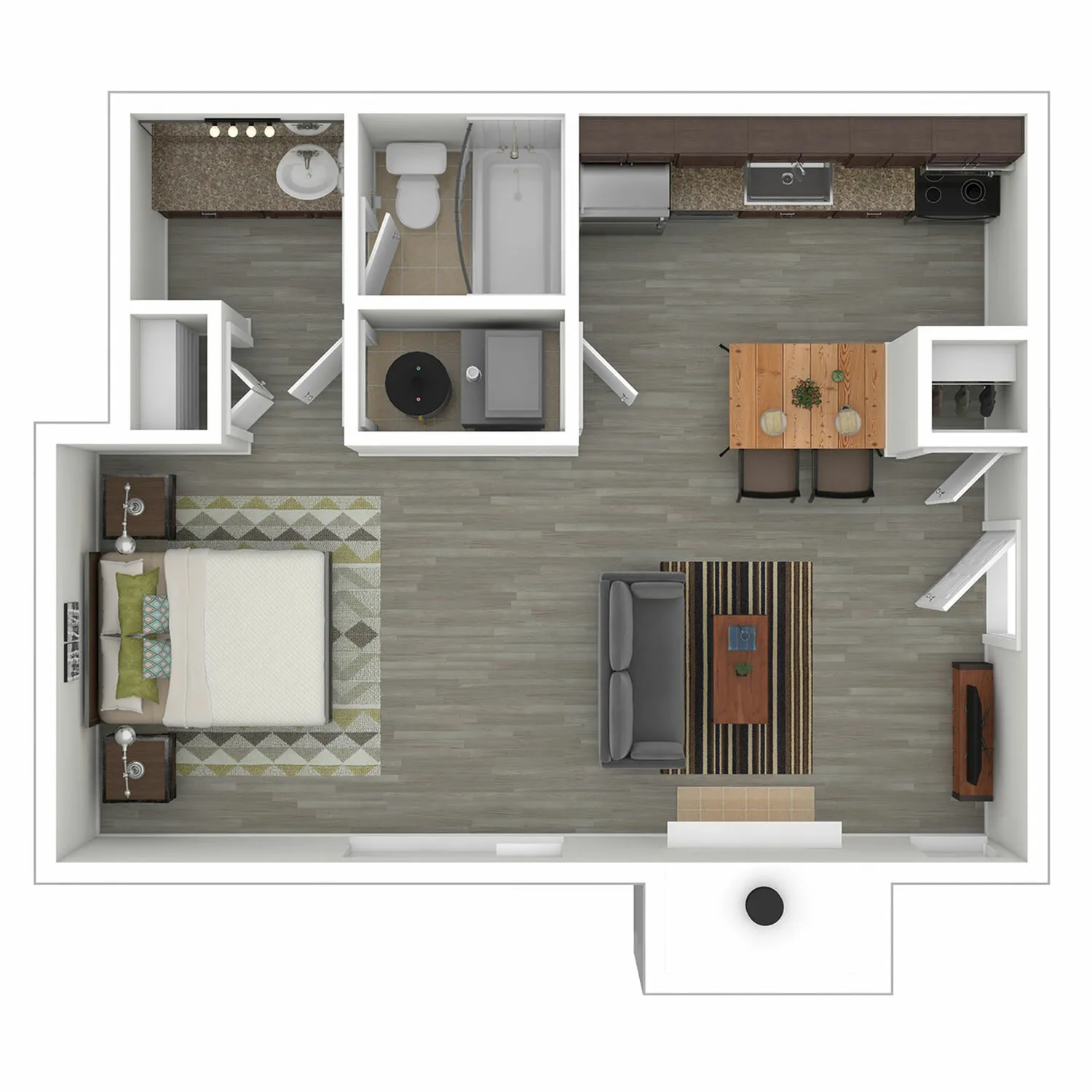 Contemporary 1-bedroom apartment floor plan with open living and dining area, modern kitchen, and elegant bathroom.