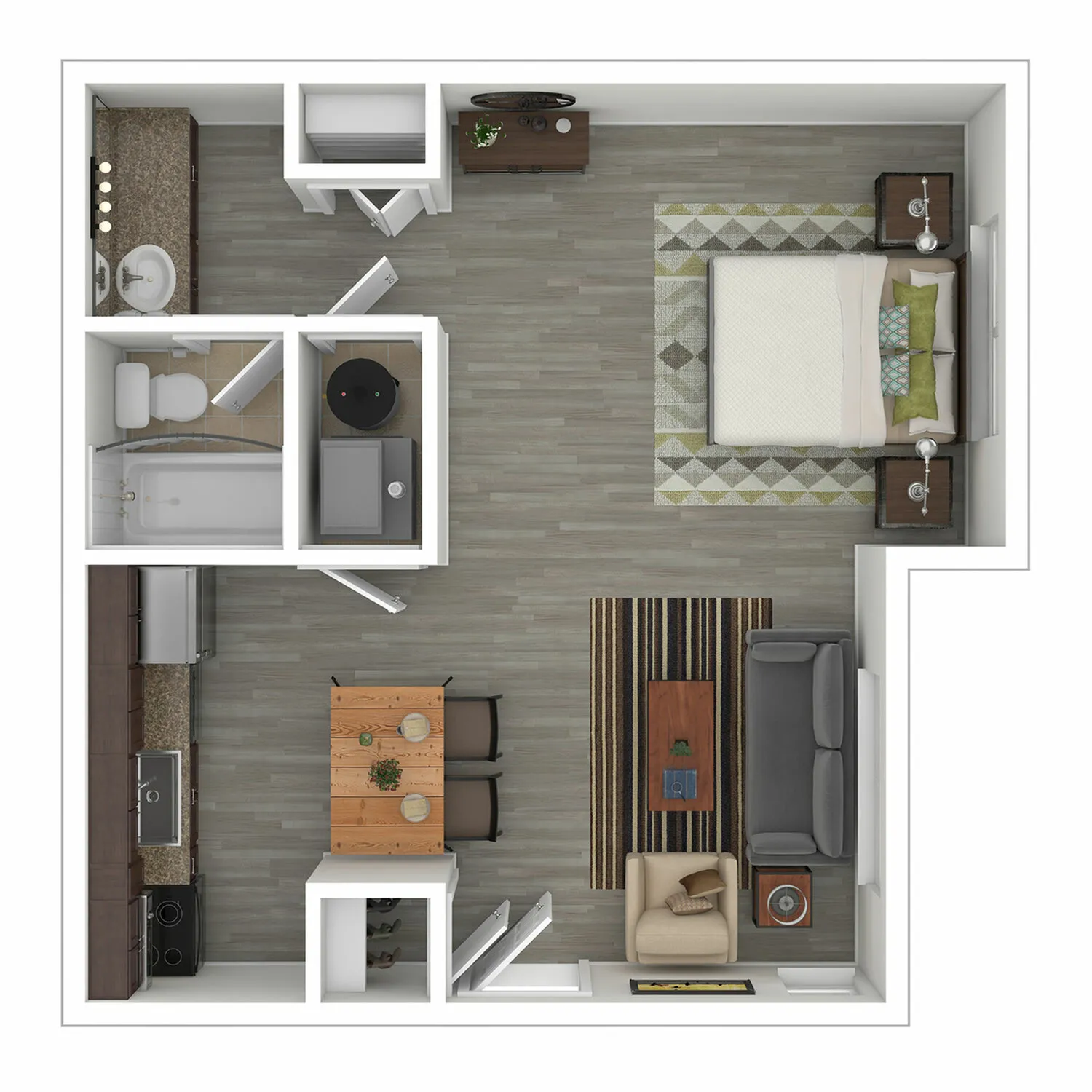 Elegant open-concept floor plan with one bedroom, modern kitchen, cozy living area, and stylish bathroom.