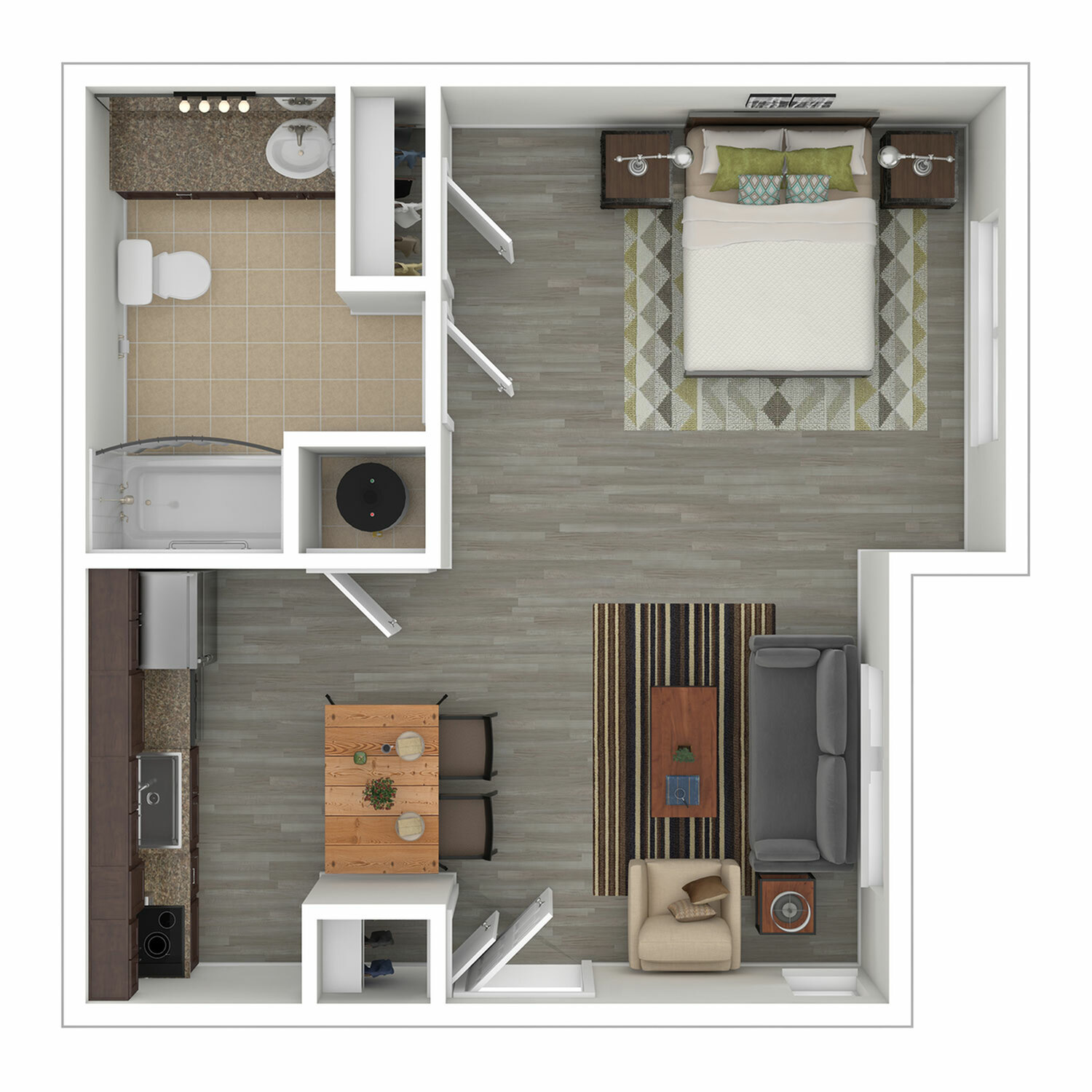 Modern 1-bedroom apartment floor plan with open-concept kitchen and cozy living area, featuring a spacious bathroom and elegant wood flooring.