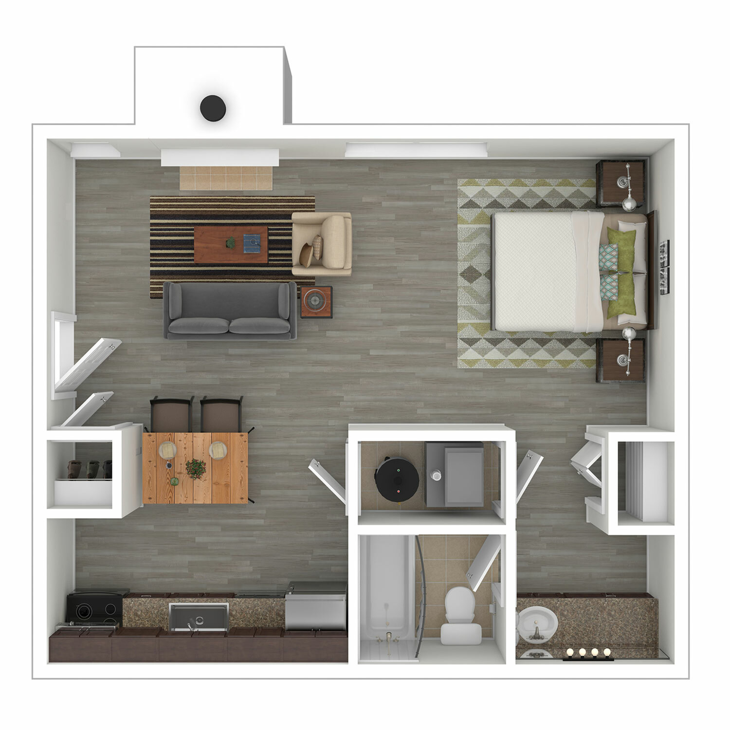 Modern 3D floor plan showcasing a cozy open-concept living area, dining space, and a private bedroom with stylish decor.