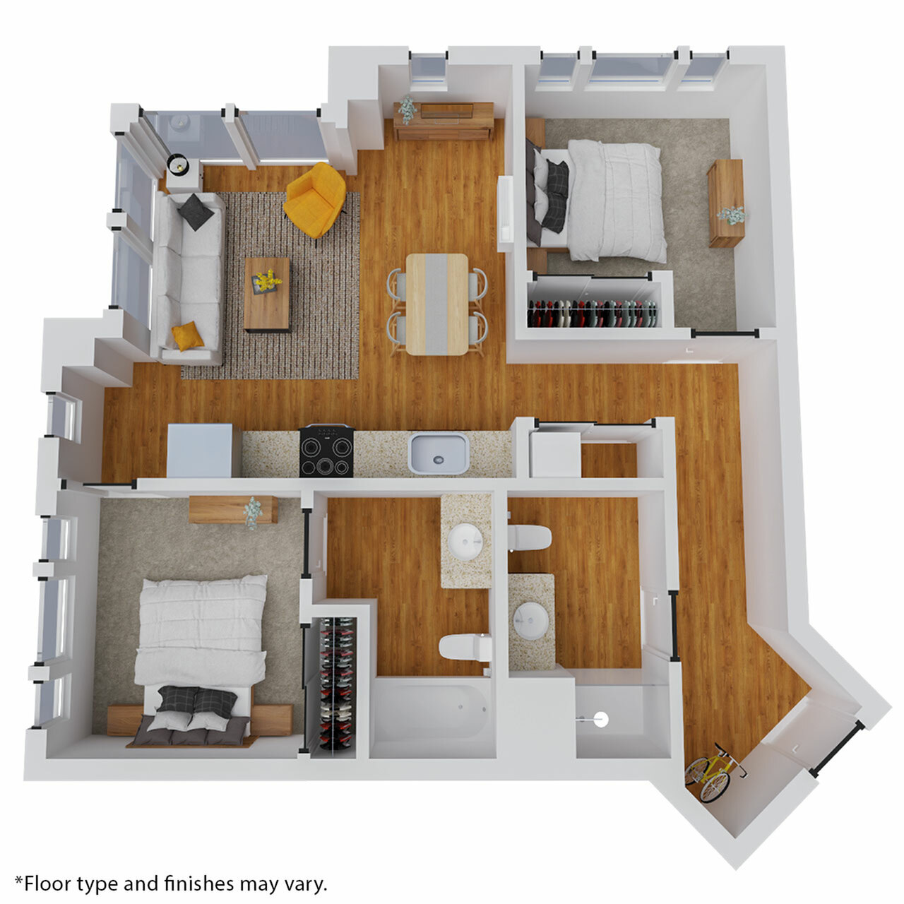 Chic 3D floor plan featuring two bedrooms, inviting living room, modern kitchen, and stylish dining area with wood flooring throughout.