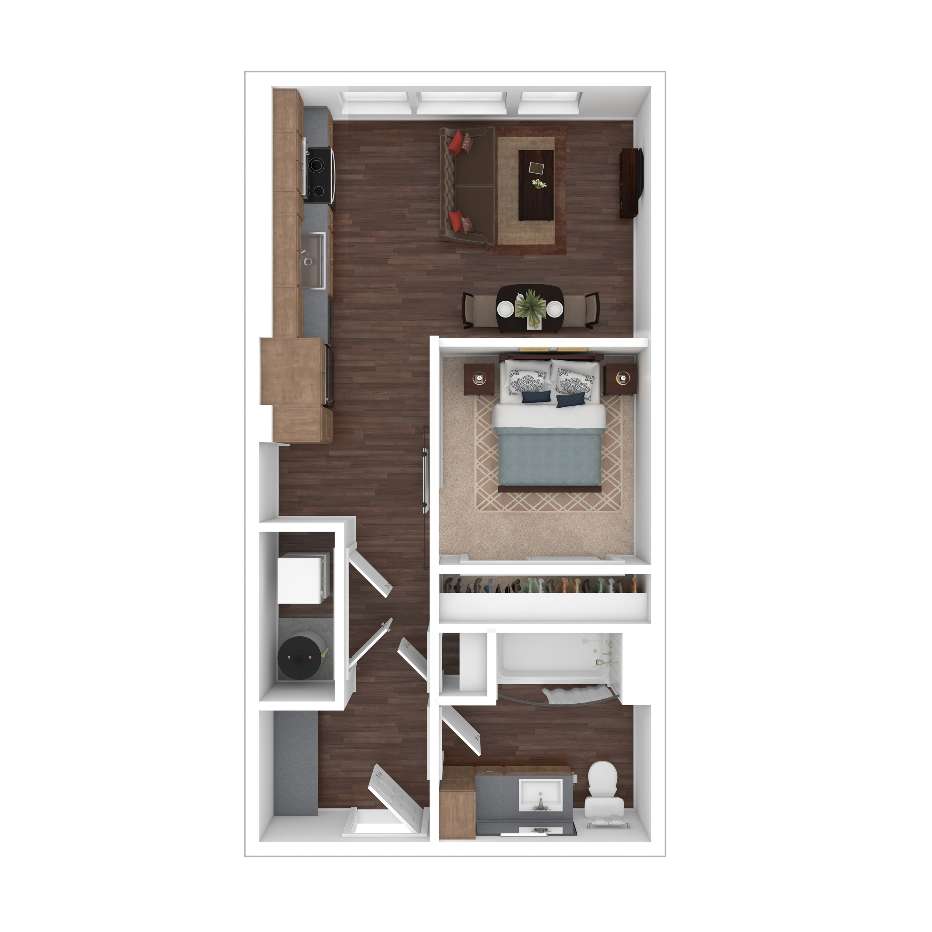 Chic 1-bedroom apartment floor plan featuring an open kitchen-living area, modern bathroom, and ample closet space.