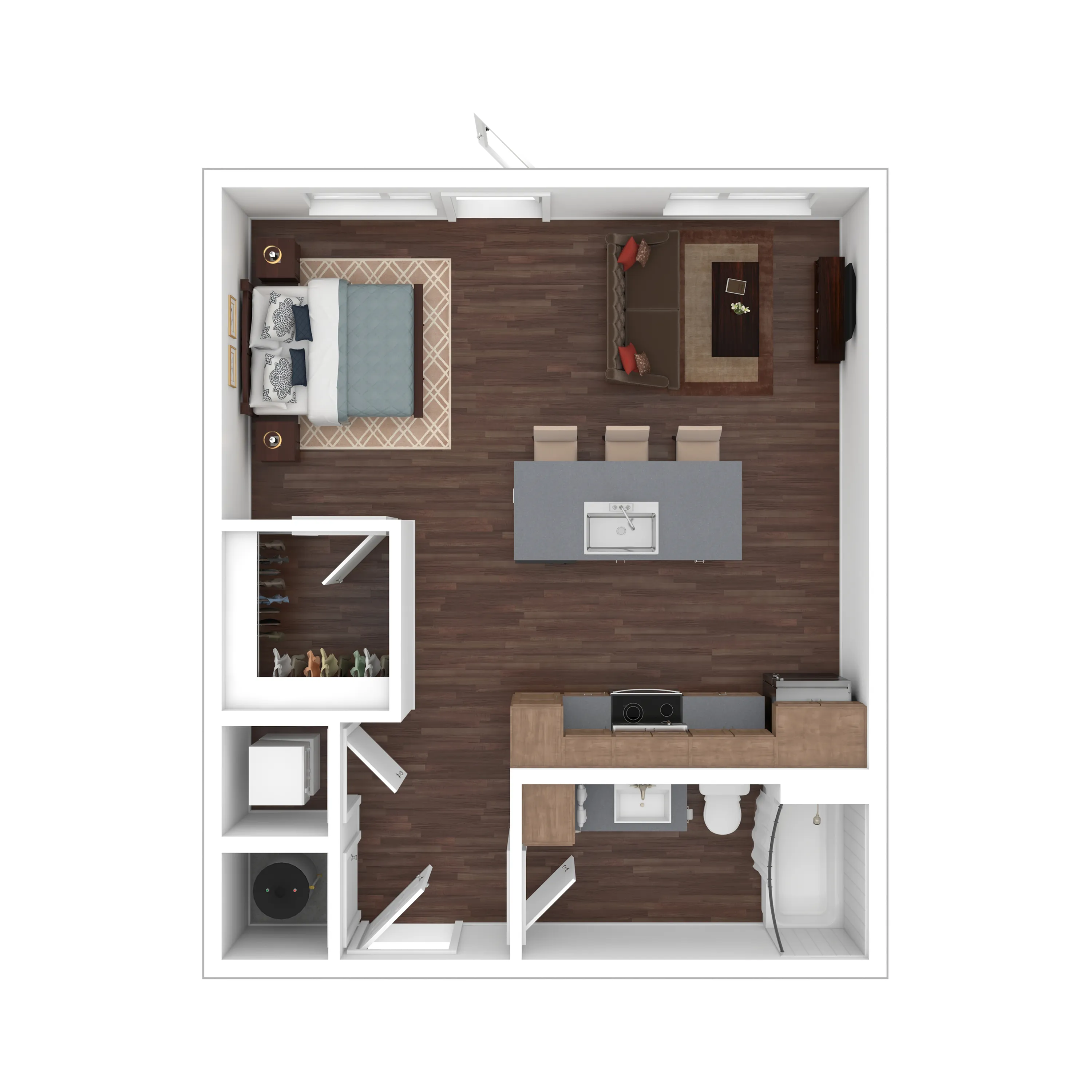 Modern floor plan showcasing a spacious studio layout with a cozy sleeping area, sleek kitchen island, and inviting living space.