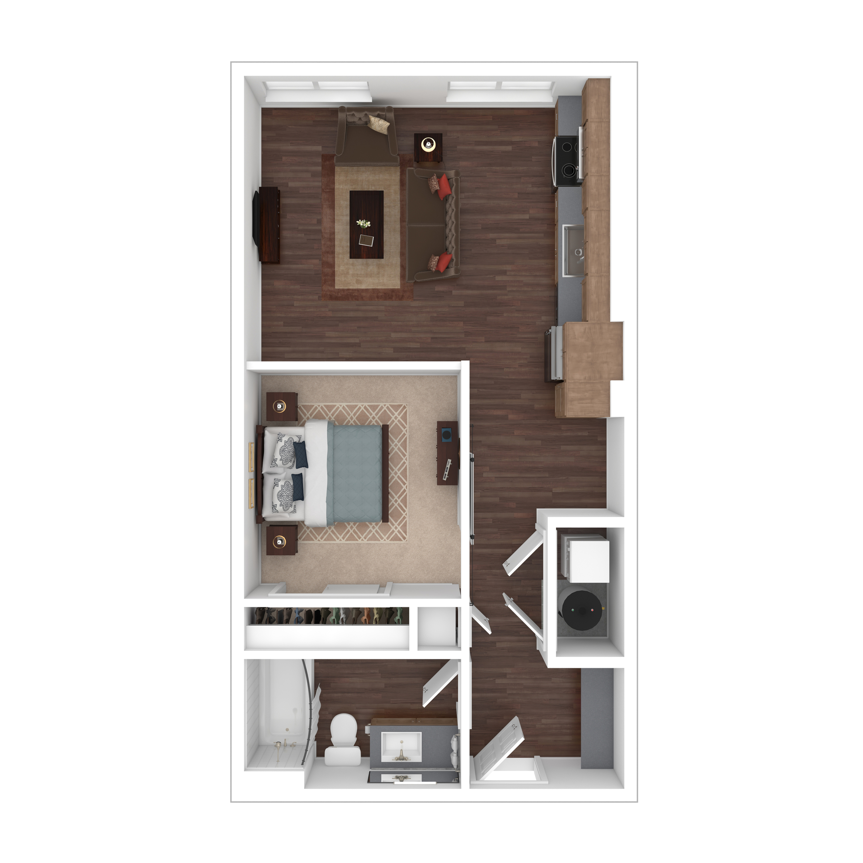 Modern apartment floor plan featuring 1 bedroom, open kitchen, airy living room, and sleek bathroom design.