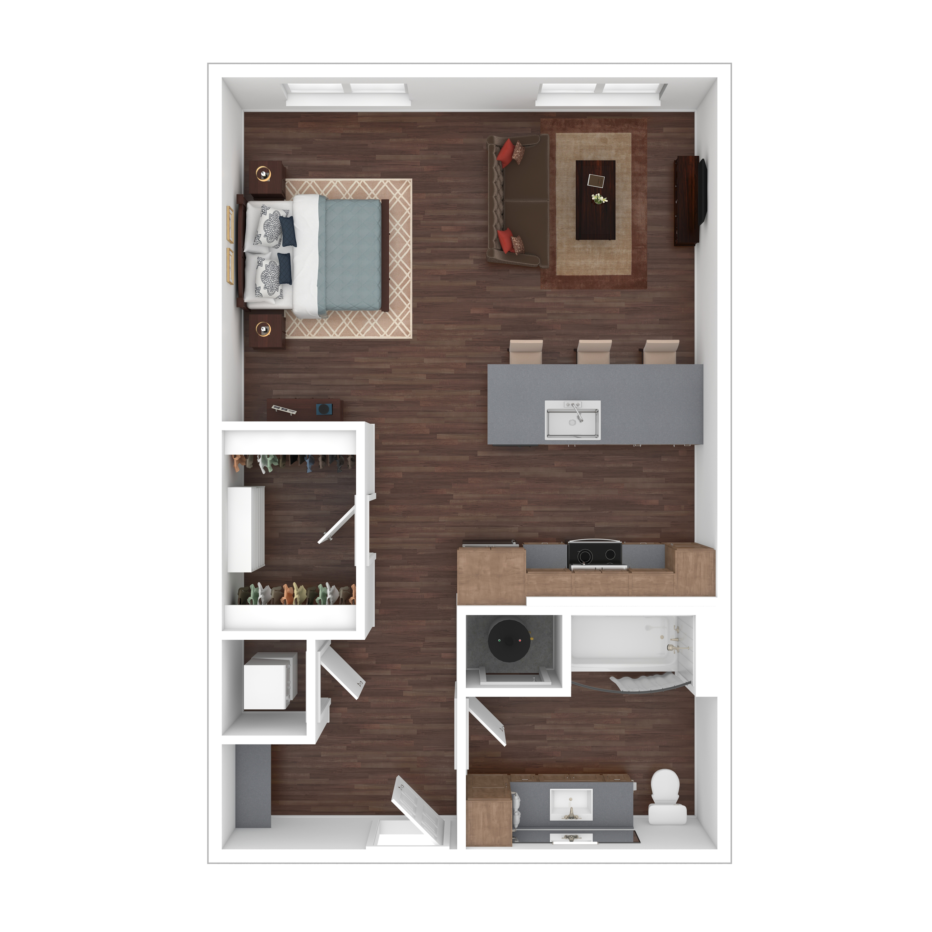 Modern open-concept floor plan featuring a spacious bedroom, stylish living and dining area, and a sleek kitchen with a large island.