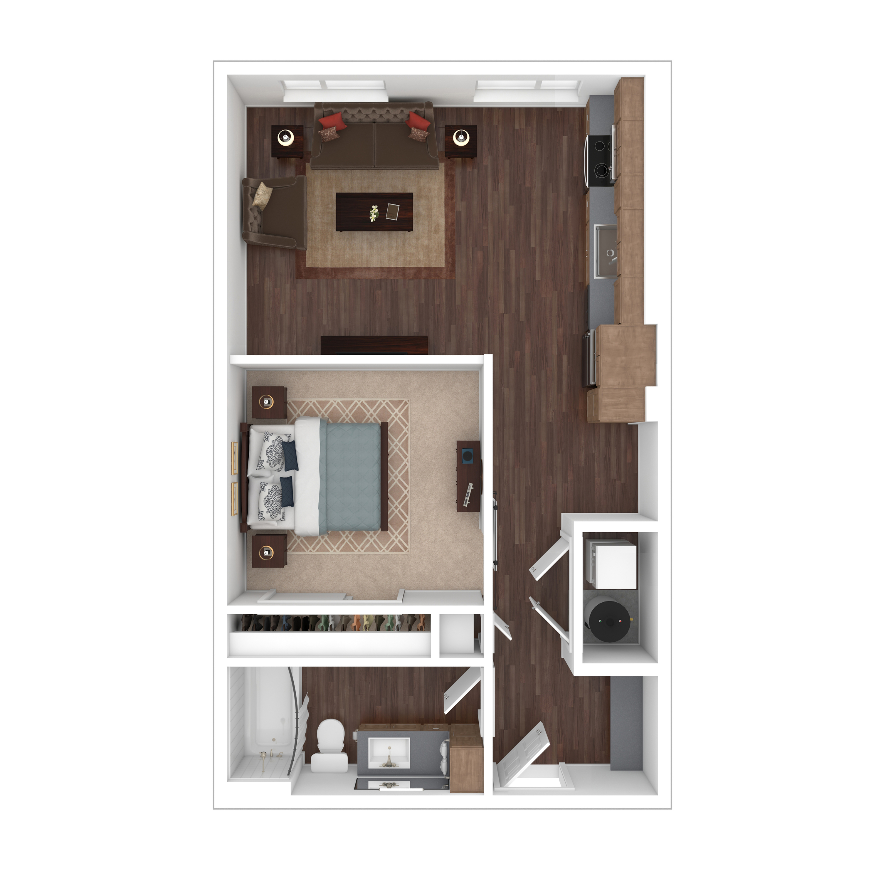 Modern 1-bedroom apartment floor plan featuring a cozy living area, sleek kitchen, spacious bathroom, and a walk-in closet.