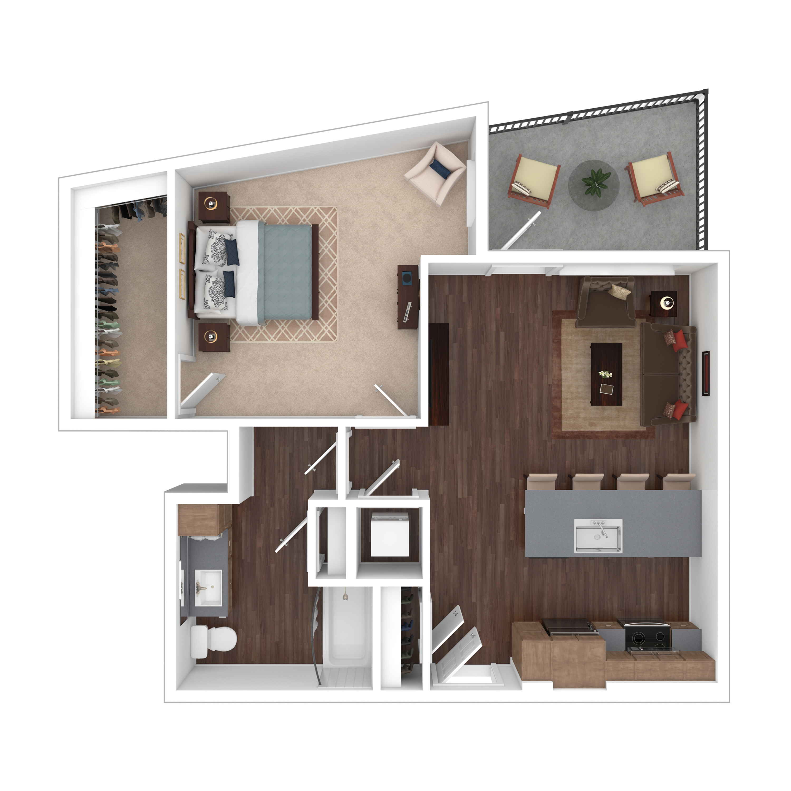 Modern 2D floor plan showcasing a spacious one-bedroom apartment with a large walk-in closet, open-concept living and dining area, sleek kitchen with island, and a cozy balcony.