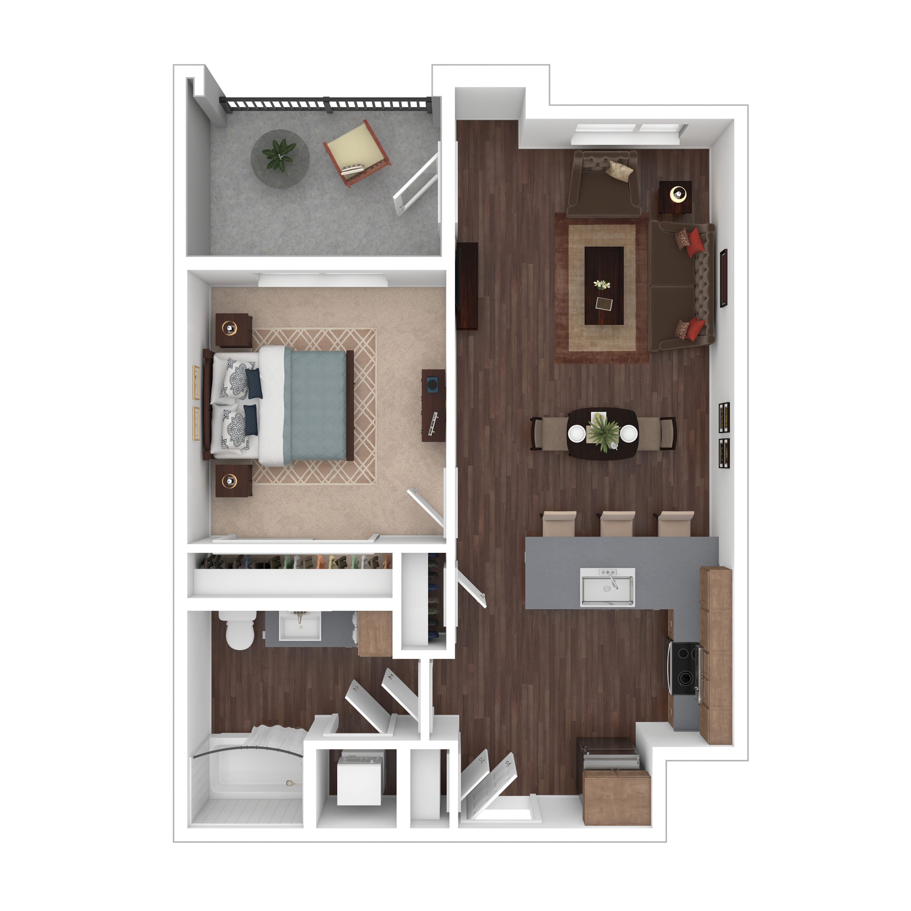 Modern 2D floor plan showcasing a cozy 1-bedroom apartment with an inviting open-concept living and dining area, stylish kitchen, and private balcony.