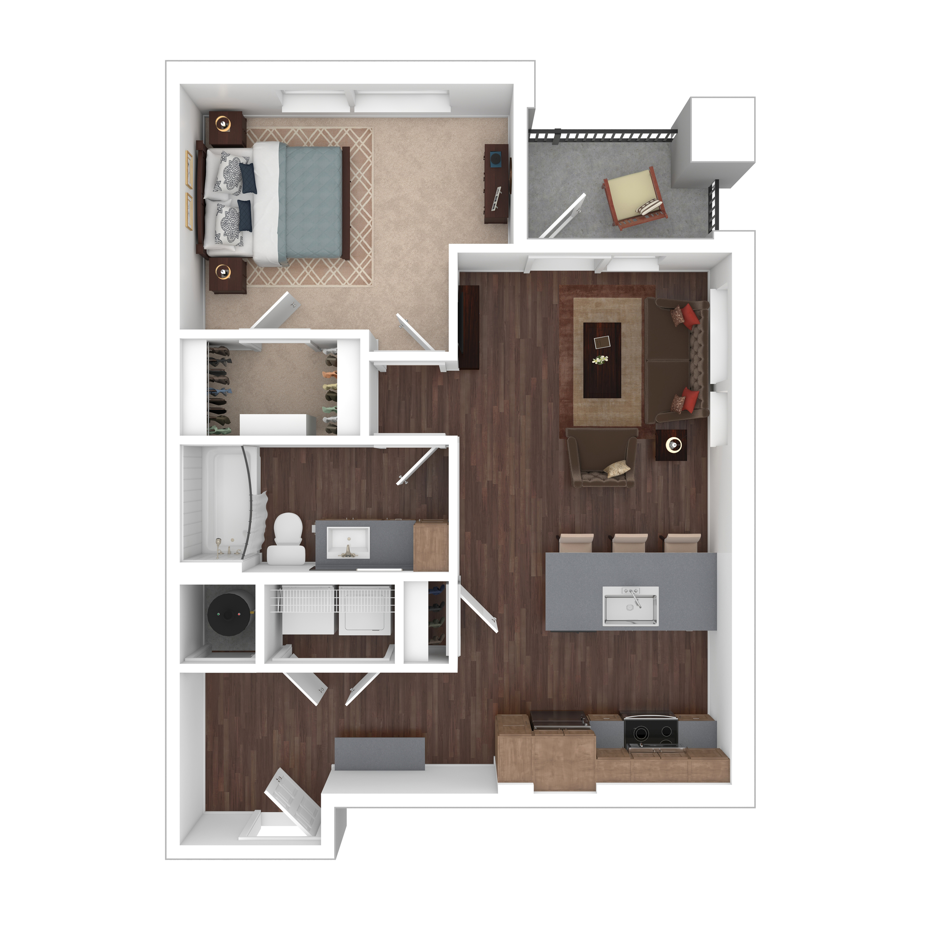 Modern floor plan featuring a spacious one-bedroom layout with an open living and dining area, sleek kitchen, elegant bathroom, and private balcony.