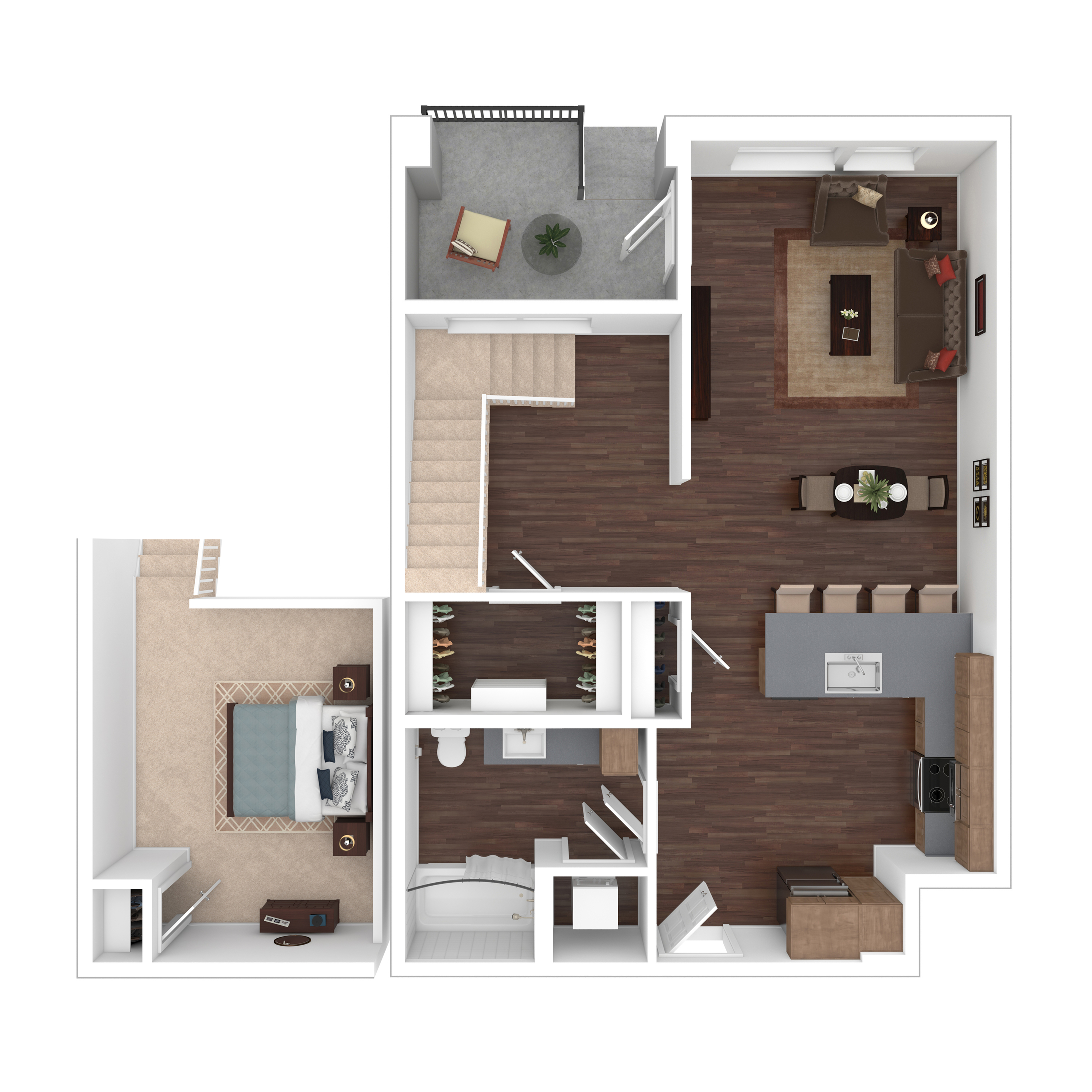 Modern 2D floor plan showcasing one bedroom, an open-concept living area, and a sleek kitchen with stylish design elements.