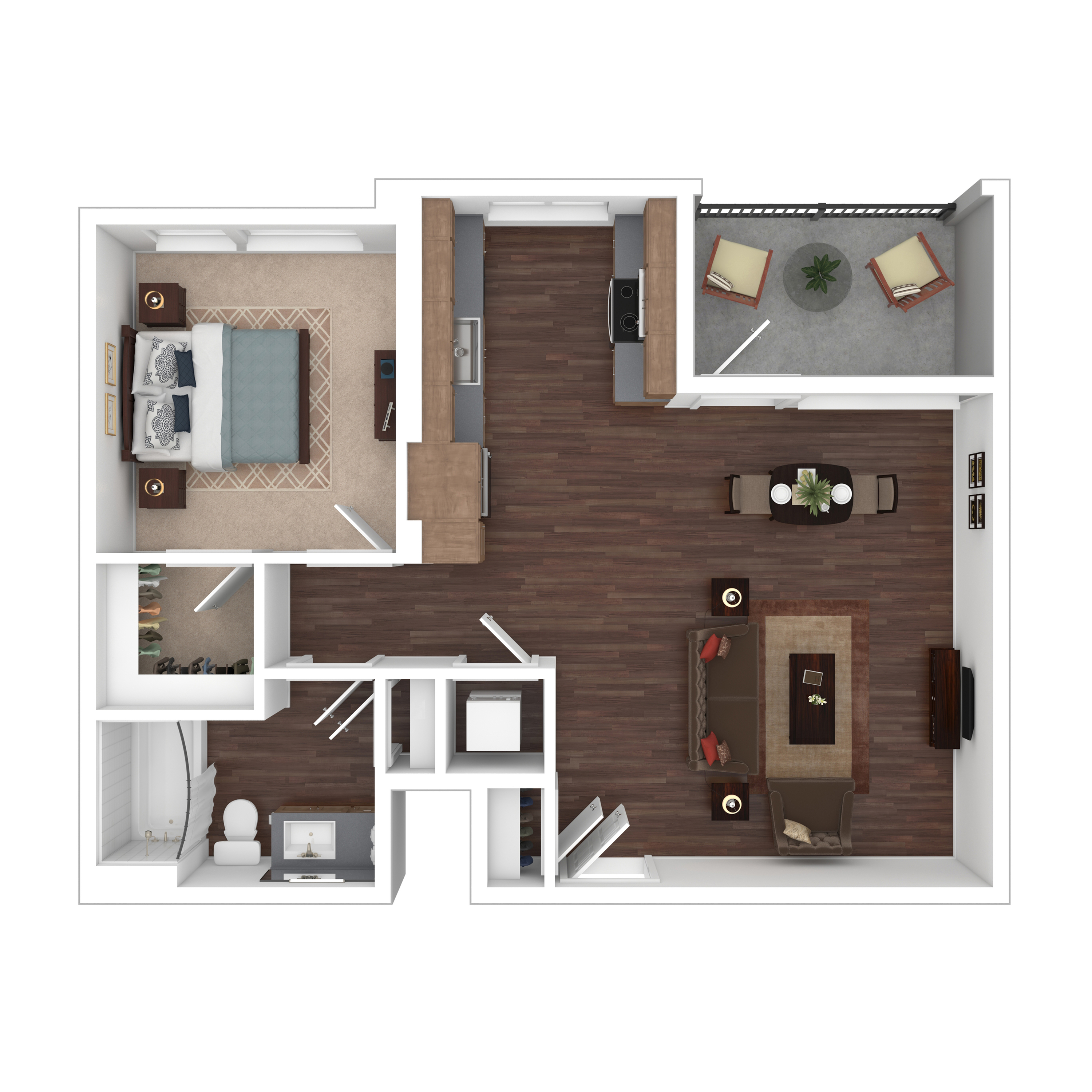 Modern floor plan showcasing one bedroom, spacious living and dining area, sleek kitchen, stylish bathroom, and a cozy balcony.