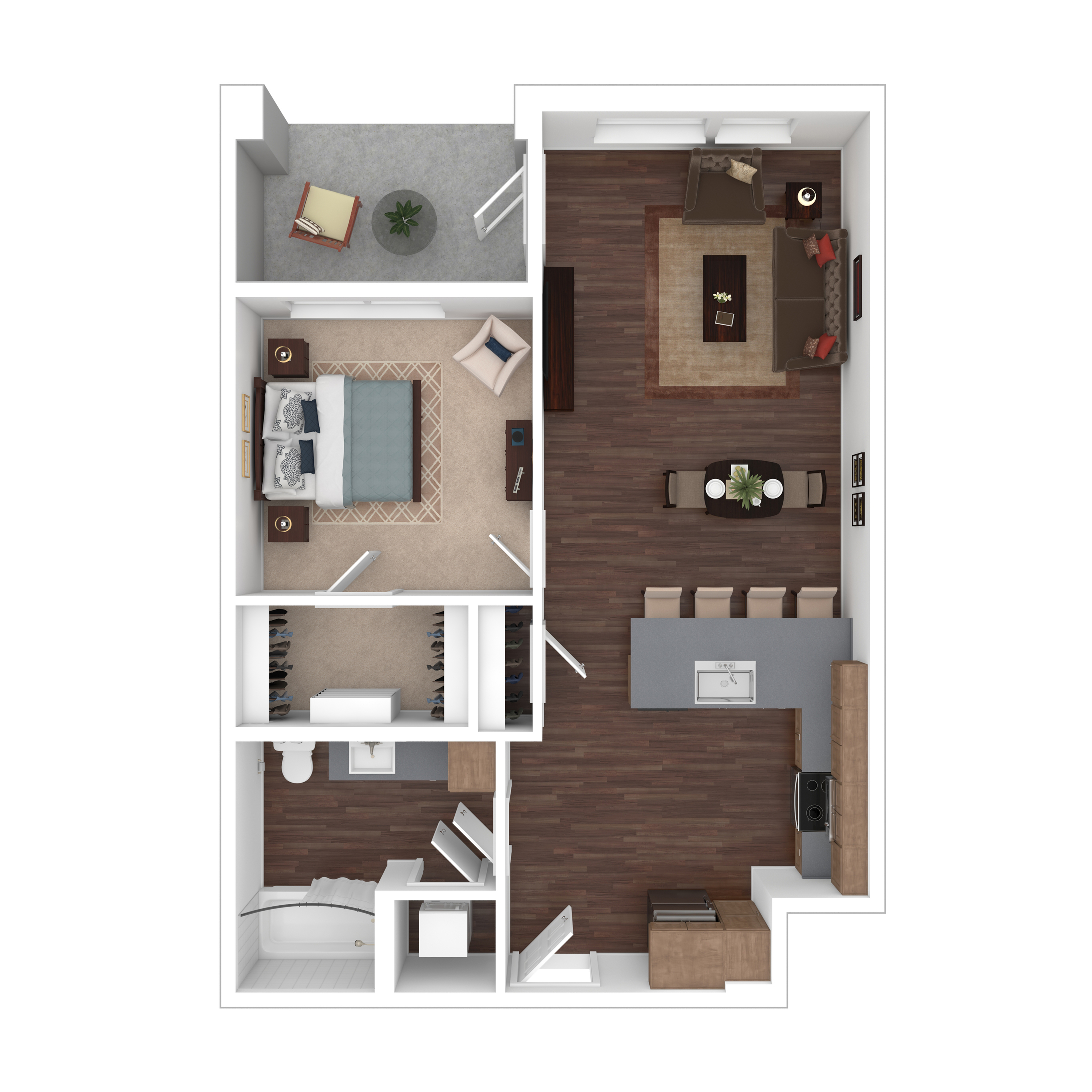 Modern 2D floor plan featuring a spacious 1-bedroom layout with a large living area, elegant kitchen island, cozy balcony, and contemporary bathroom.