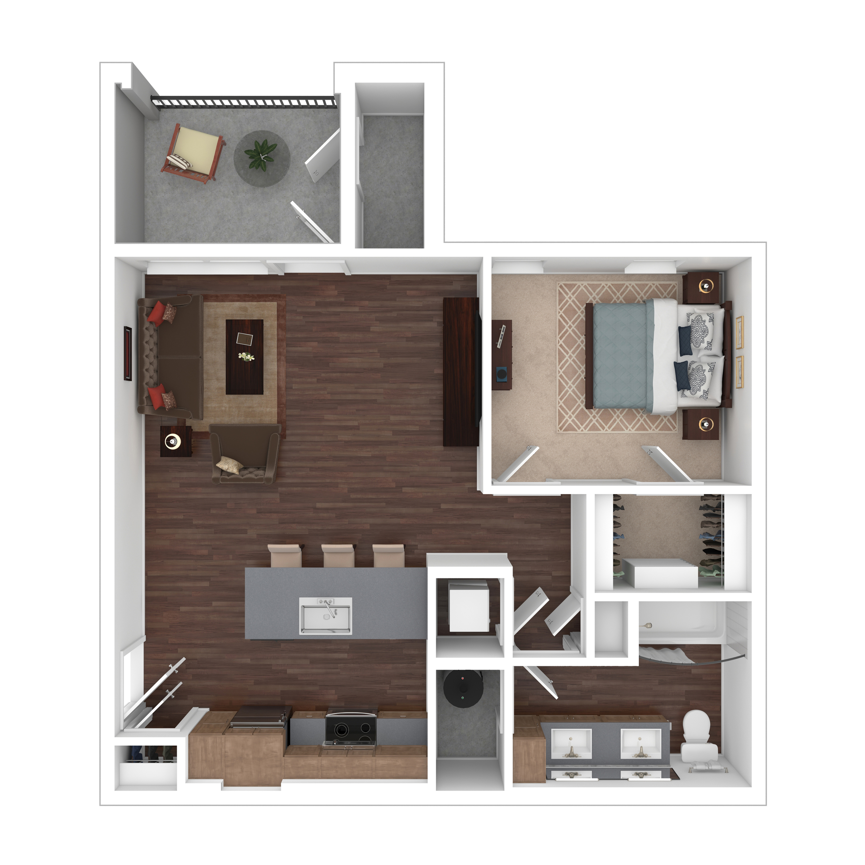 Modern open-plan floor layout featuring one bedroom, spacious living area with wooden flooring, stylish kitchen with island, and private balcony.