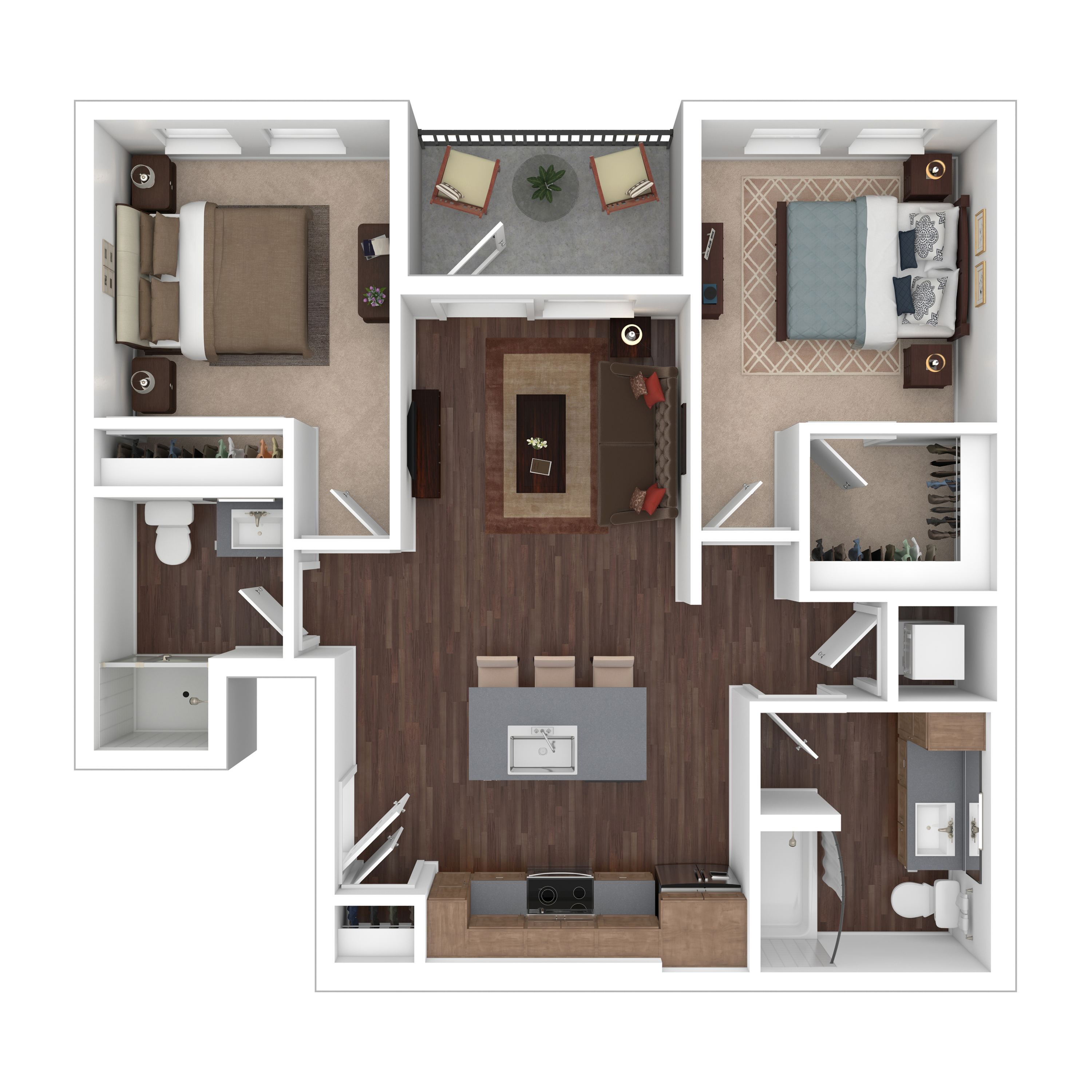 Modern 3D floor plan showcasing 2 elegant bedrooms, an open-concept living and dining area, sleek kitchen with island, and private balcony.