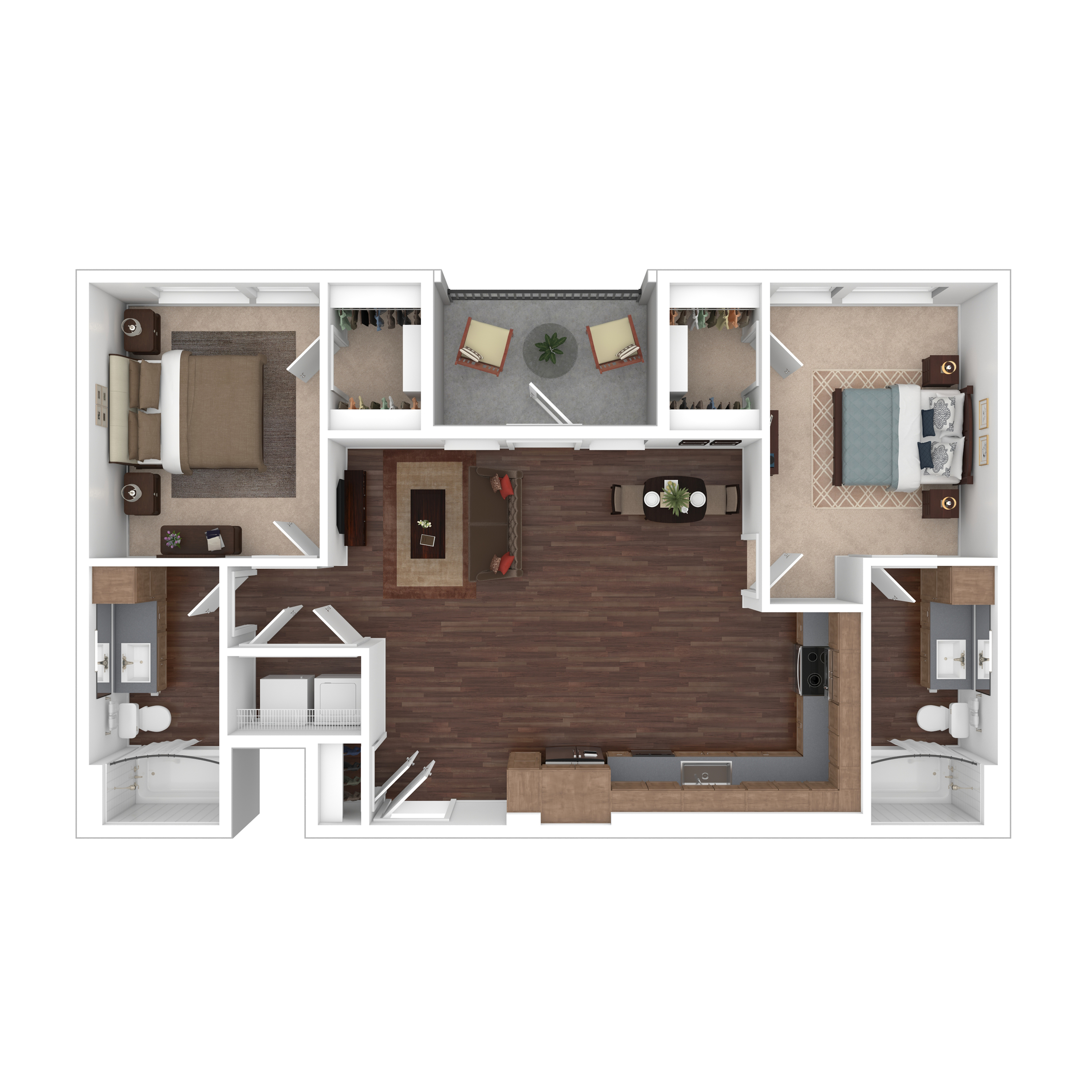Modern floor plan showcasing 2 bedrooms, spacious living area, sleek kitchen, and dual bathrooms with a cozy balcony.