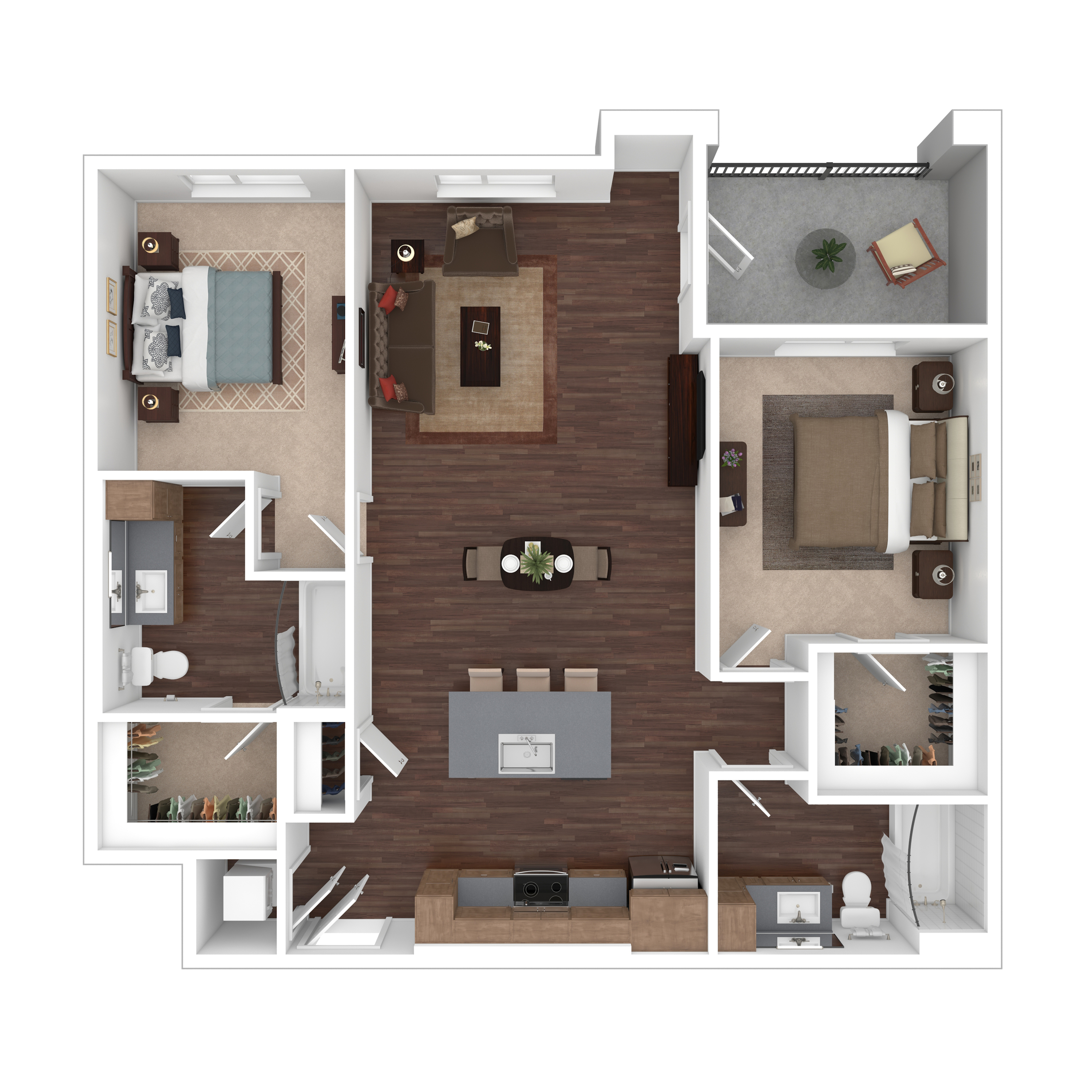Contemporary floor plan showcasing stylish 2 bedrooms with en-suite baths, an open-concept living area, a modern kitchen, and a cozy balcony.