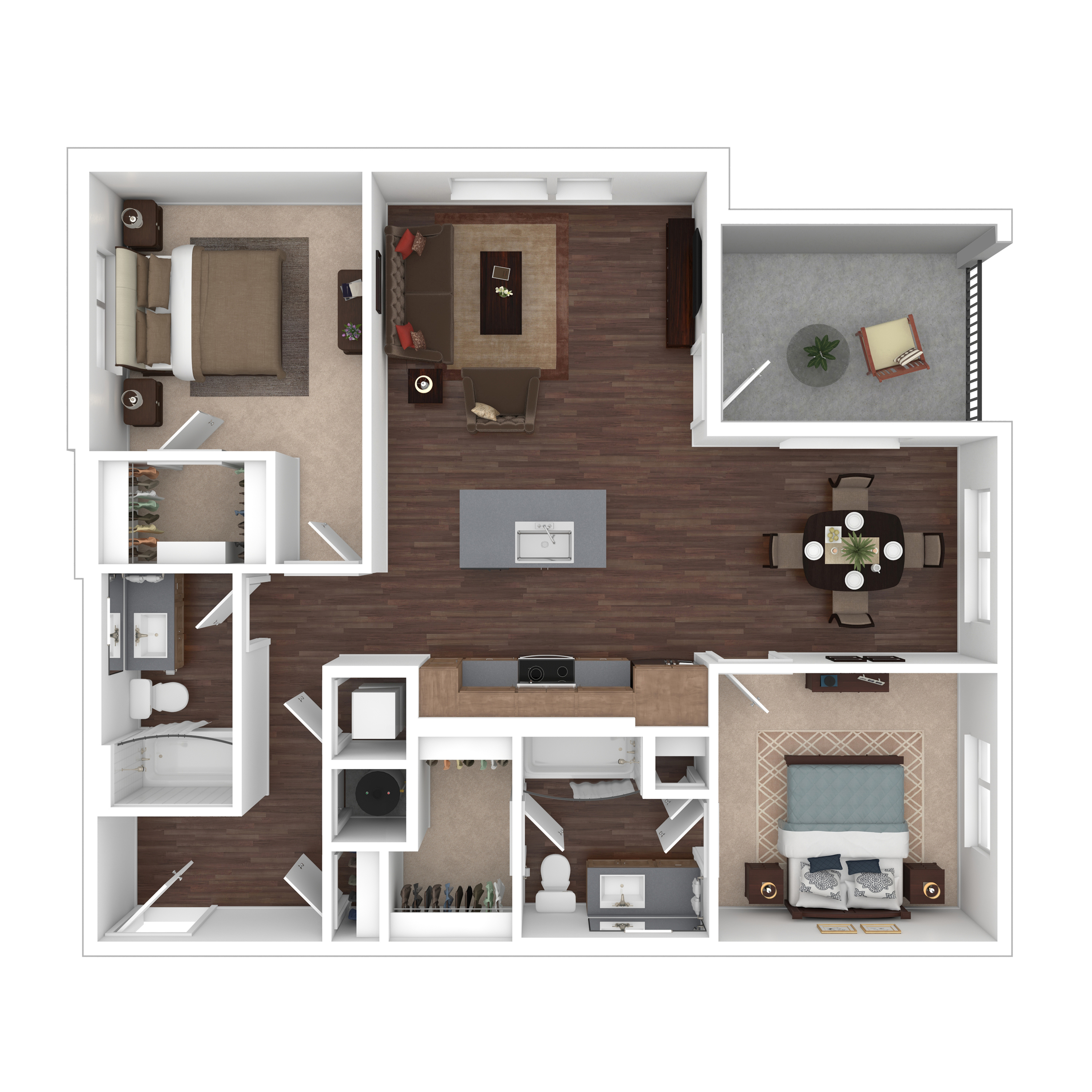 Modern open-concept floor plan with 2 bedrooms, spacious living room, elegant dining area, stylish kitchen, and cozy balcony.