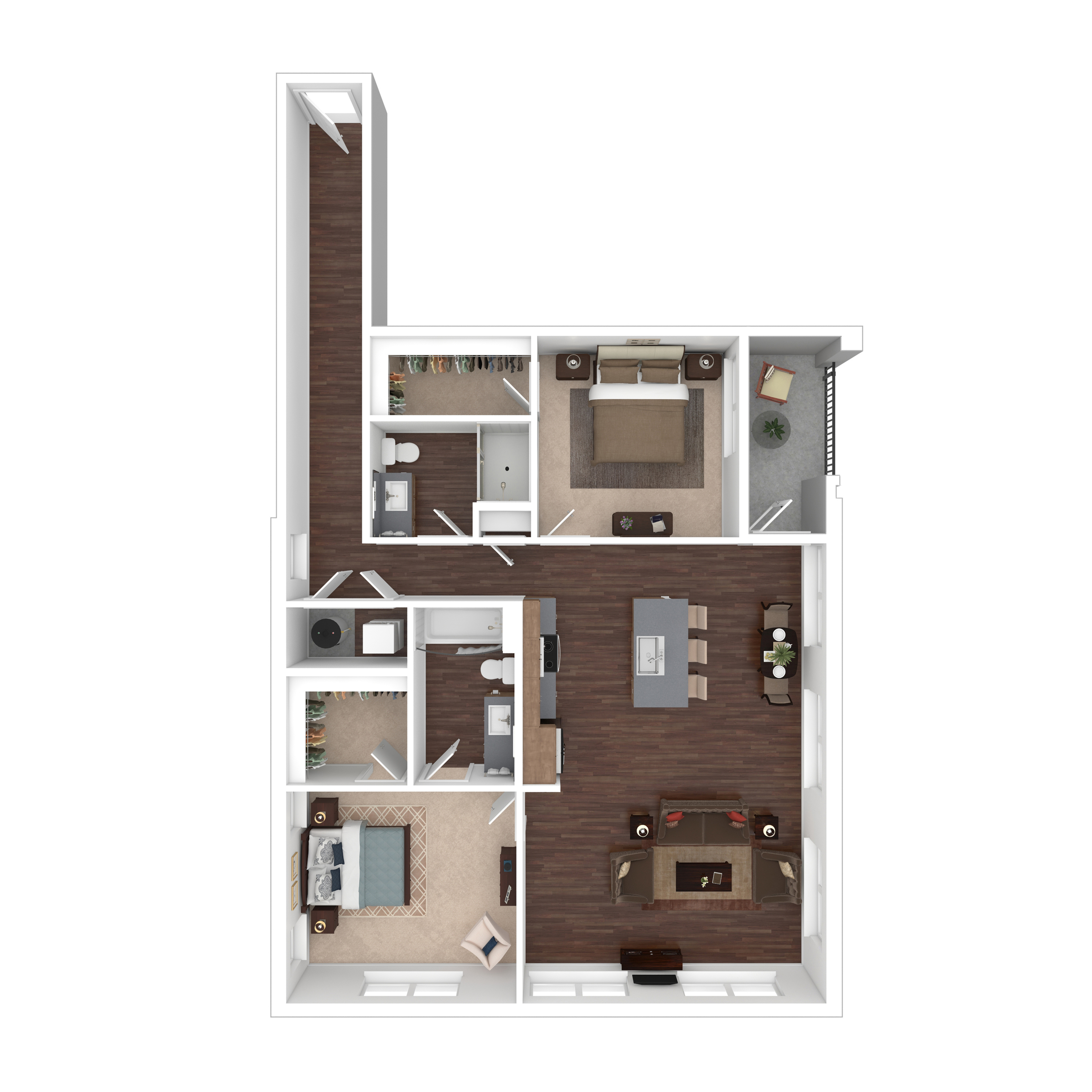 Modern 2D floor plan showcasing 2 bedrooms, spacious living area, and elegant kitchen with sleek finishes.