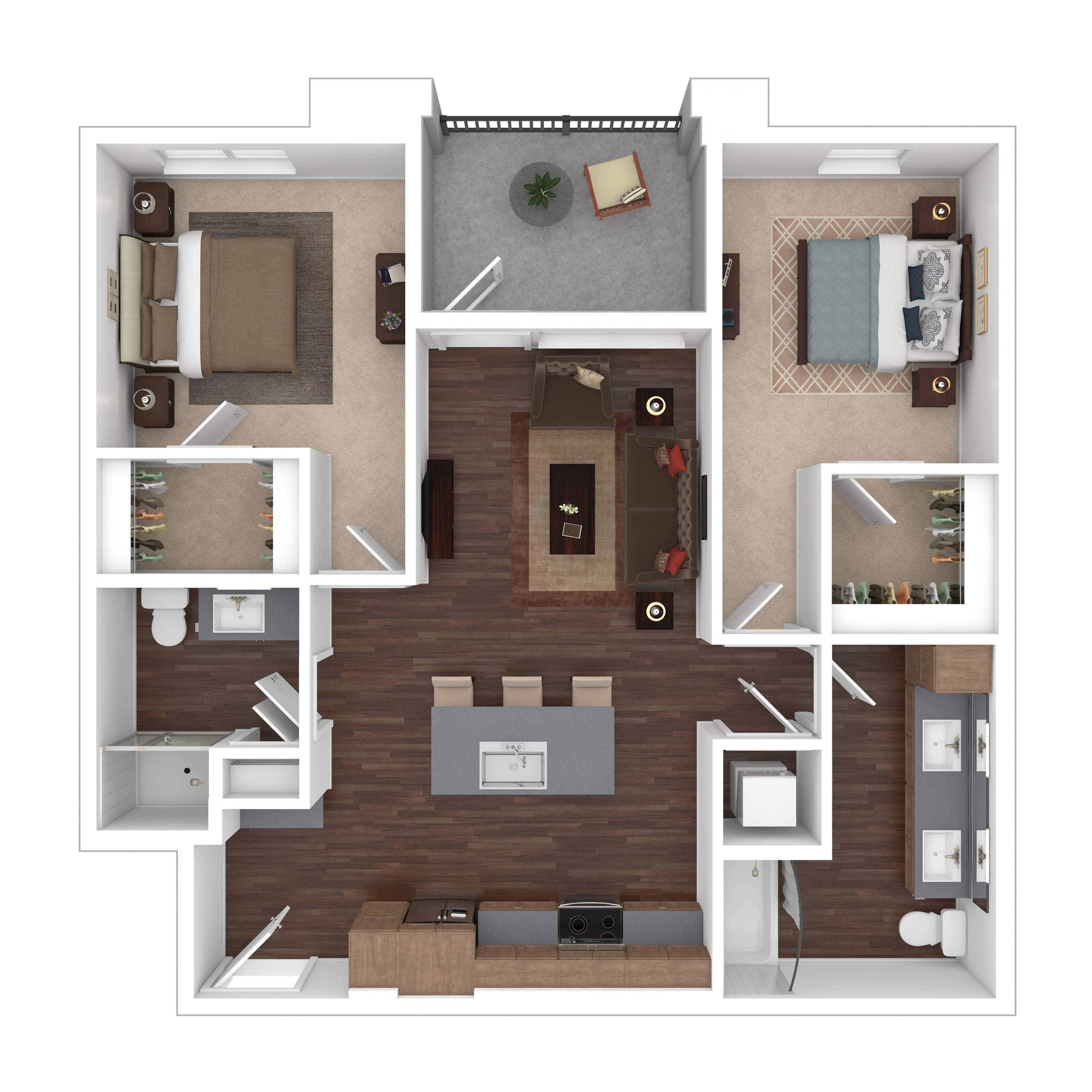 Modern 2D floor plan showcasing 2 spacious bedrooms, open-concept living and dining area, stylish kitchen with island, and a cozy balcony.